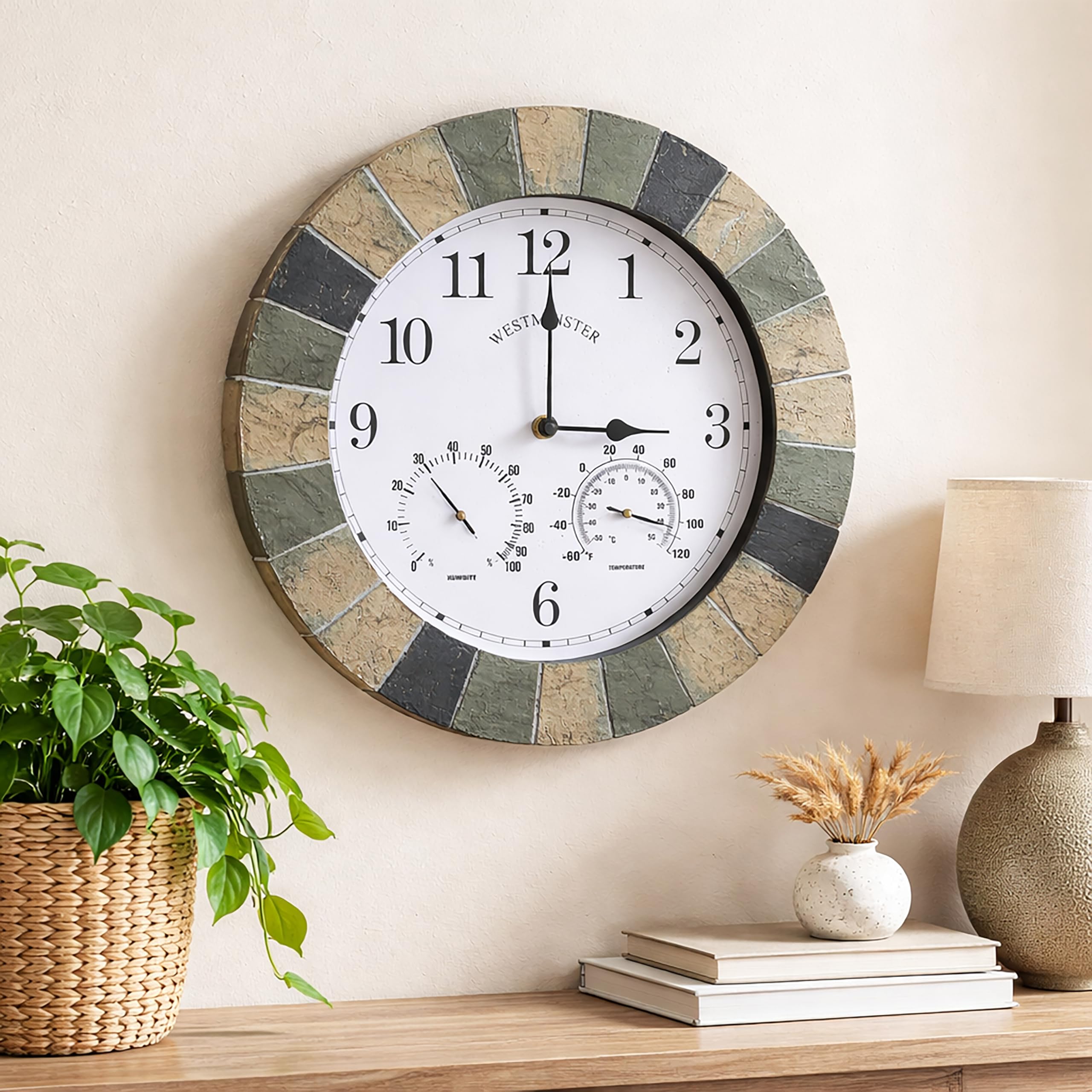 Homezone Westminster - Reloj de jardín y termómetro de 10 pulgadas, resistente al agua, duradero, decoración de jardín, para patio, cocina, sala de estar (reloj de pizarra de piedra)