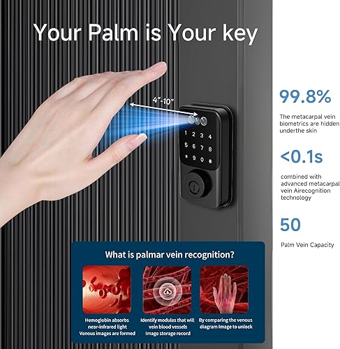 Miniatura 2 de Cerradura inteligente negra con reconocimiento de vena de palma, cerradura inteligente, reconocimiento facial y huella dactilar, cerradura de puerta