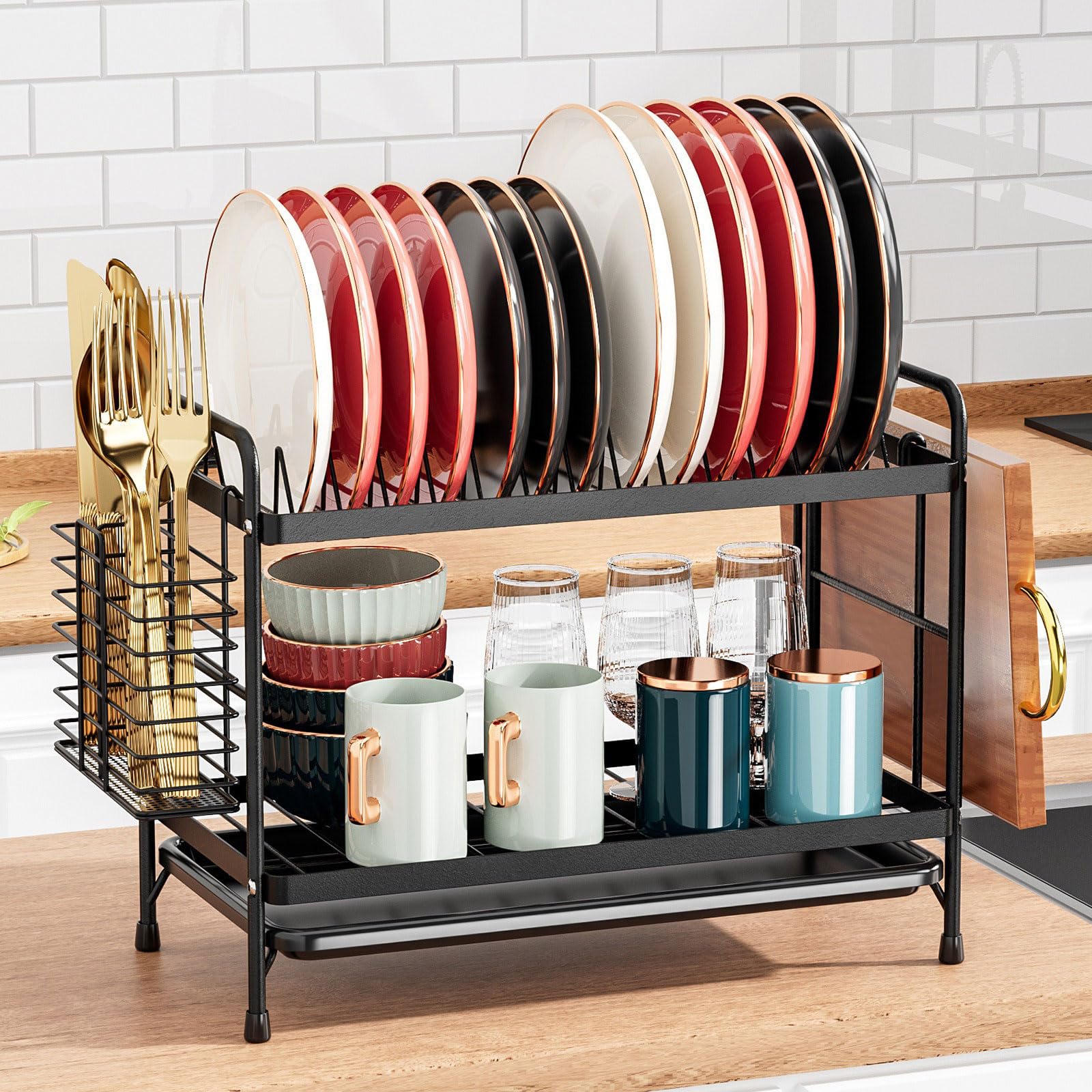 Escurridor de Platos 2 Niveles Ahorra Espacio Escurre Platos Armarios con Soporte para Utensilios,Tabla de Cortar,Bandeja Recogegotas,Gran Capacidad Organizador Cocina Fregadero,Negro