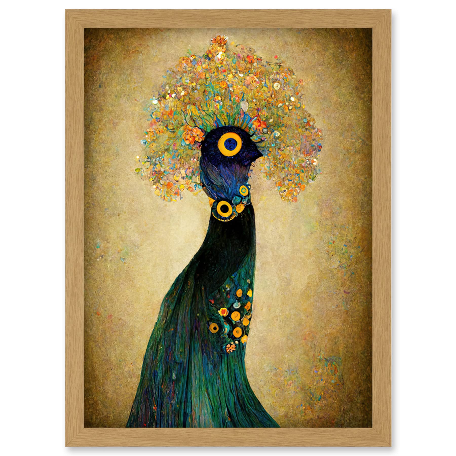 Doppelganger33 LTD Elegant Peacock Portrait In Emerald And Gold Gustav Klimt Artwork Framed Wall Art Print A4