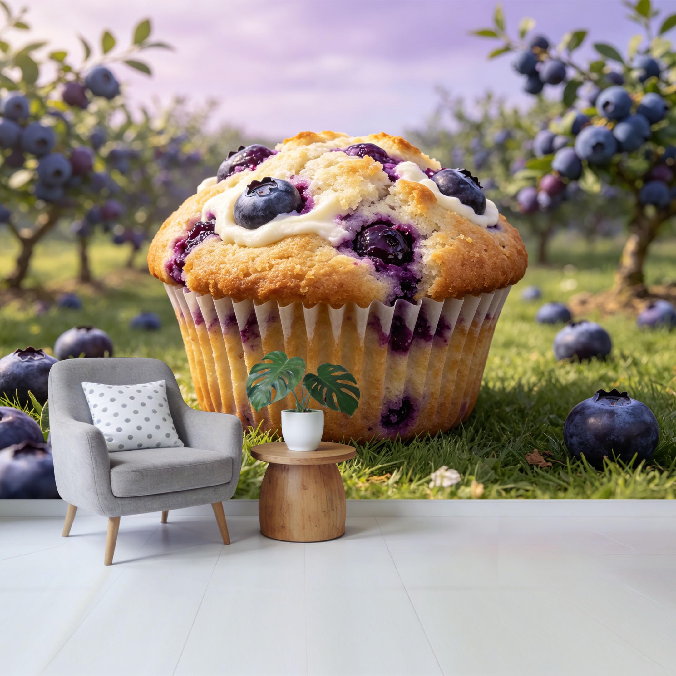 Qzlithotic Yq2605250580 Custom Size Wall Mural Fresh Blueberry Muffin Sweet Fruit Harvest Botanical Landscape 3D Selfadhesive Wall Fabric Removable Wallpaper For Home Office Decor