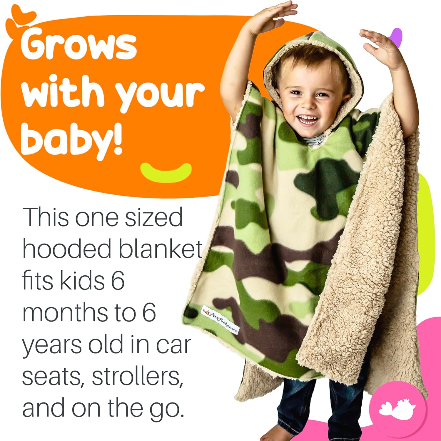 Birdy Boutique Car Seat Poncho for Kids – Safe to Use Over Seat Belts – Reversible Warm and Cozy Blanket – Easy on Easy Off and Doesn’t Impact Car Seat Performance – Camo and Bear – One Size - Image 2