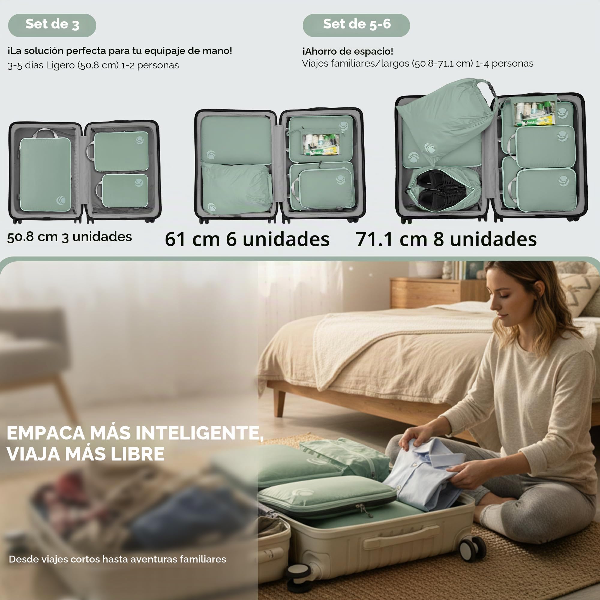 Cipway Bolsas Compresion Viaje, Diseño de Malla Impermeable Ligero y Duradero Bolsas de Viaje Organizador para la Mochila Maletas de Almacenamiento en el Hogar(Verde salvia, 8 Unidades)