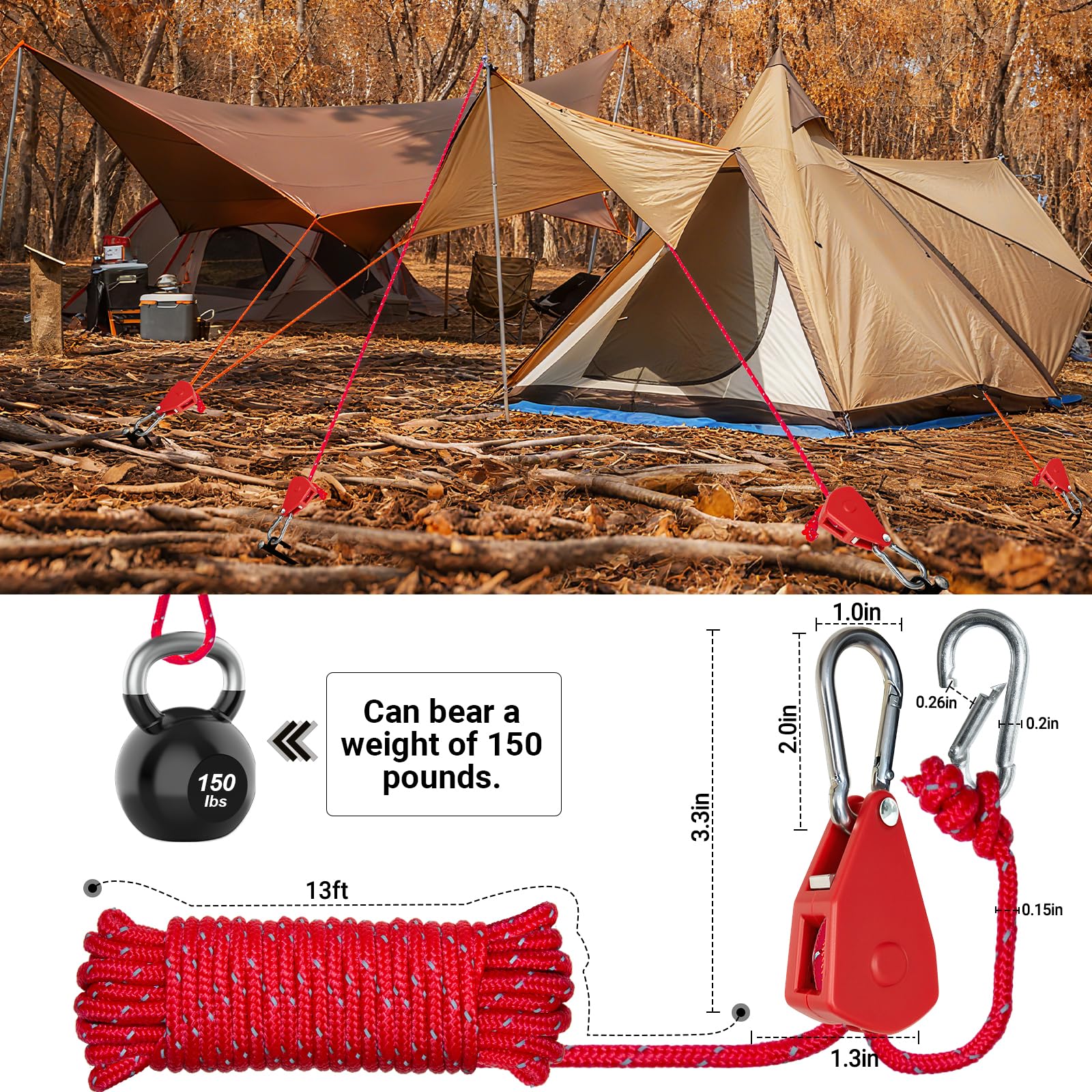 ZZ-TMS Camping-Seil, Abspannleine, Spannseile mit Ratschensystem, Rot, 4 mm x 4 m, 6 Stück