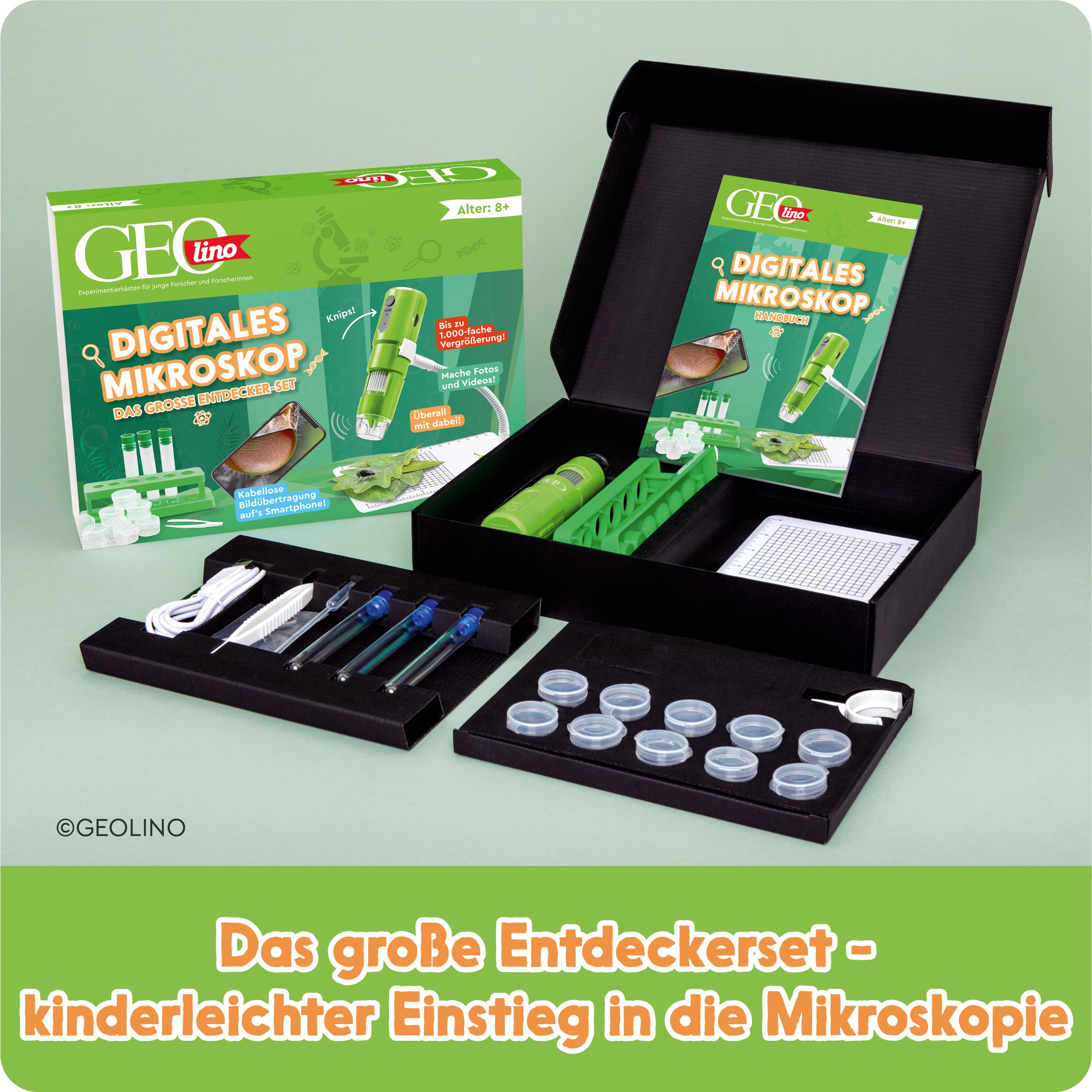 FRANZIS 67184 - GEOLINO Digitales Mikroskop, das große Entdecker-Set mit Experimentierideen für drinnen und draußen für Kinder ab 8 Jahren, inkl. 96-seitigem Begleitbuch