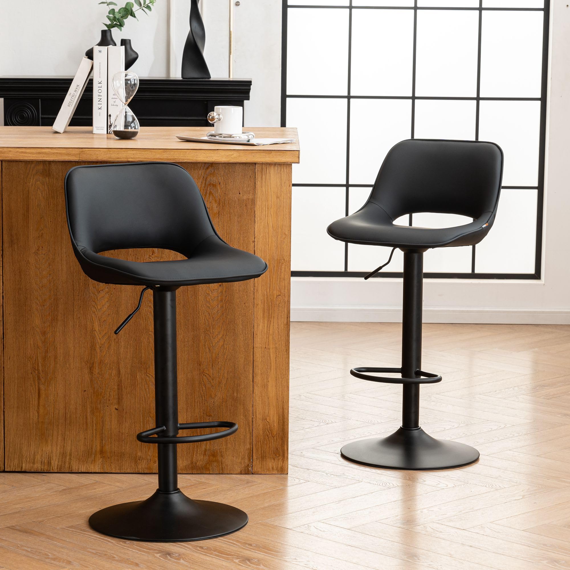 YOUNIKE Bar Stools Set of 2 Black Modern Swivel Barstools, Adjustable Counter Height Bar Stools Faux Leather Upholstered Counter Stools with Hollow Back for Kitchen Island