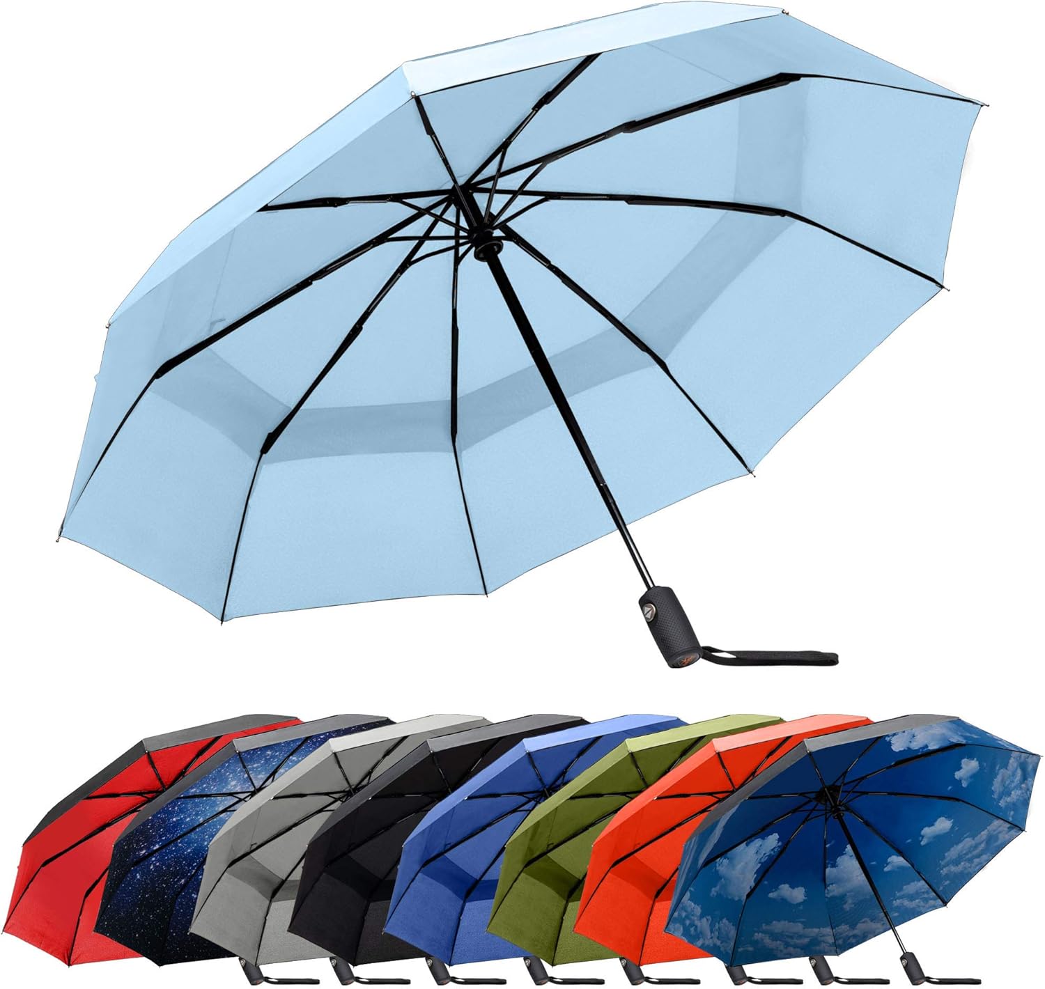 RainPlus Windproof Travel Umbrella - Compact, Automatic, Folding and Portable - Umbrellas For Rain for Men and Women - Car, Backpack, Purse, Strong & Wind Resistant