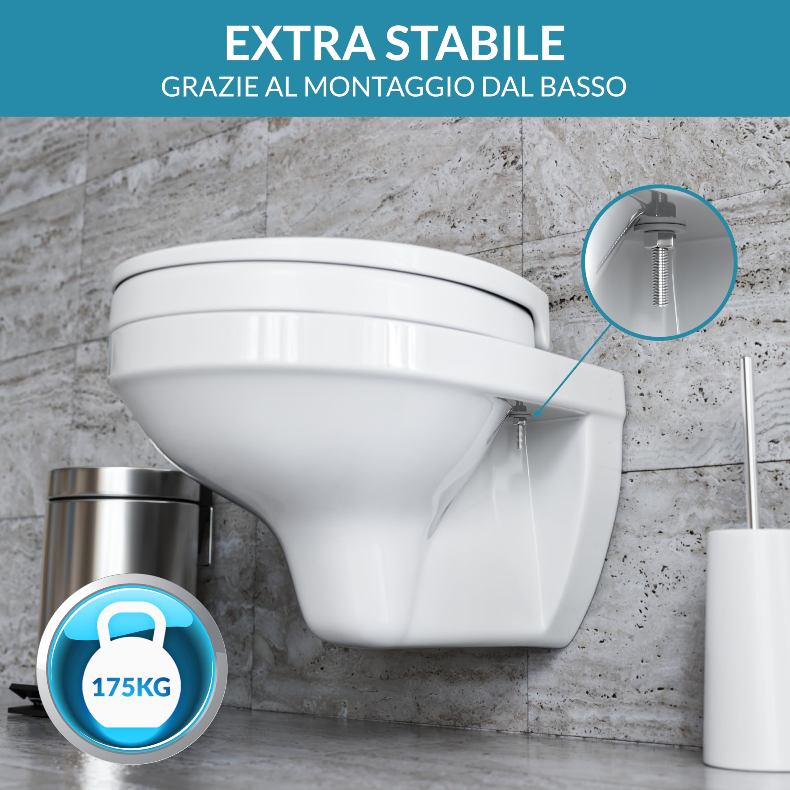 Rialzo WC Premium 5 cm in Duroplast (Fissaggio Inferiore) | WC per anziani e persone con mobilità ridotta, per maggiore comfort, con chiusura ammortizzata, Portata fino a 175 kg
