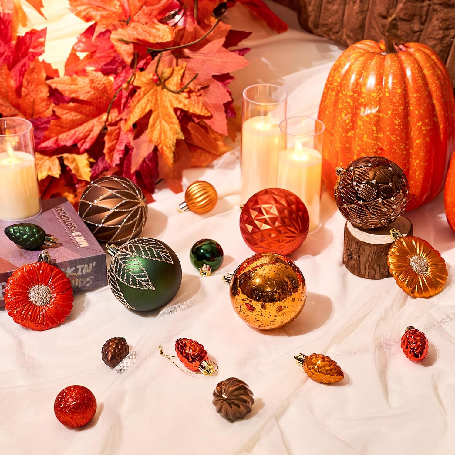 JORNOY Fall Ornaments for Tree, Shatterproof Plastic Harvest Decorations with Hanging String, Rustic Balls Baubles Bulk for Thanksgiving Home Decor, 52 Pack, Orange