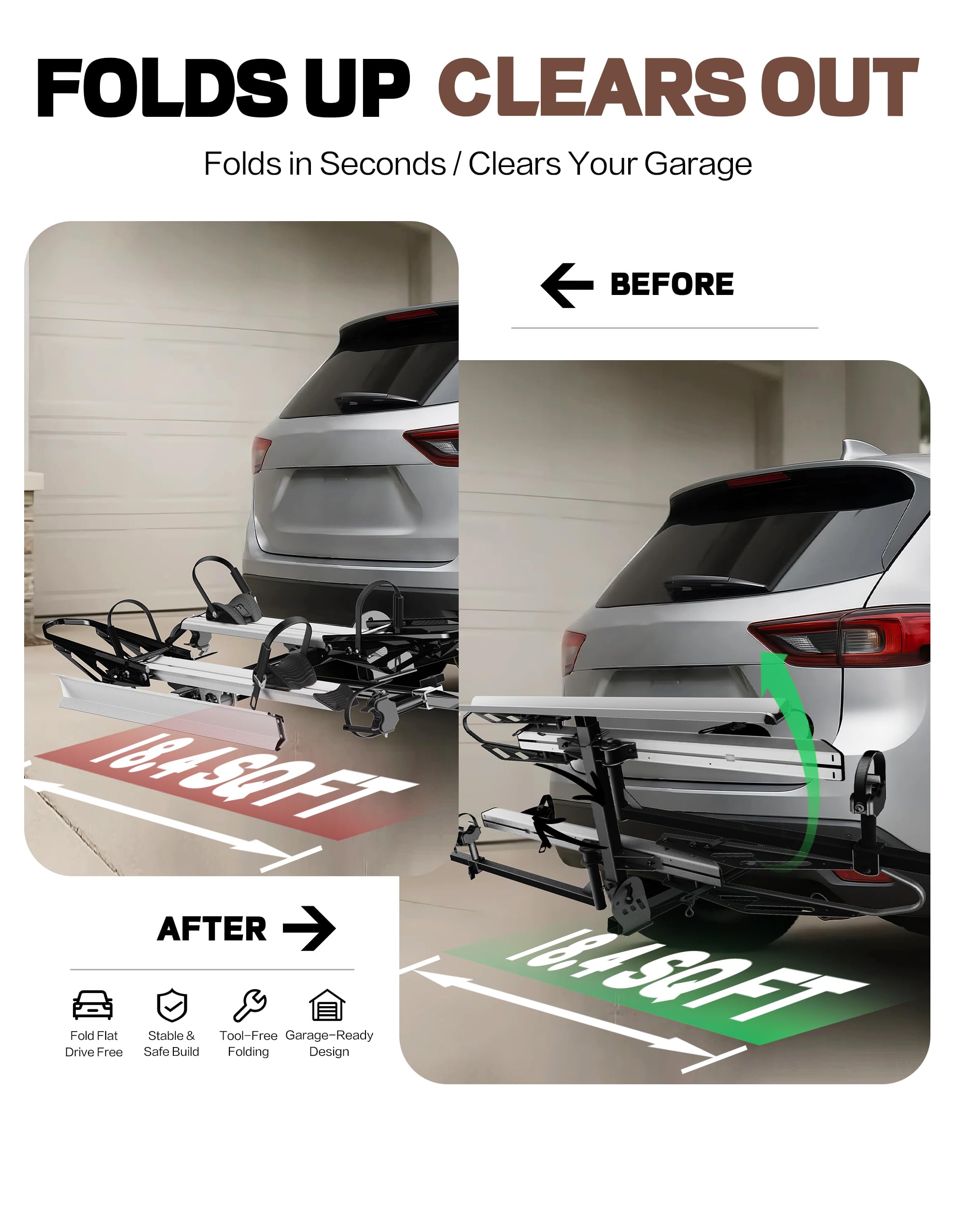 RokRack Plus Foldable 2 Ebike Rack with Ramp, 200 lbs Capacity Electric Bike Carrier Platform Mount, Hitch Bike Rack for Car SUV with Hitch Stabilizer, Lock Pin, Rain Cover & Lock