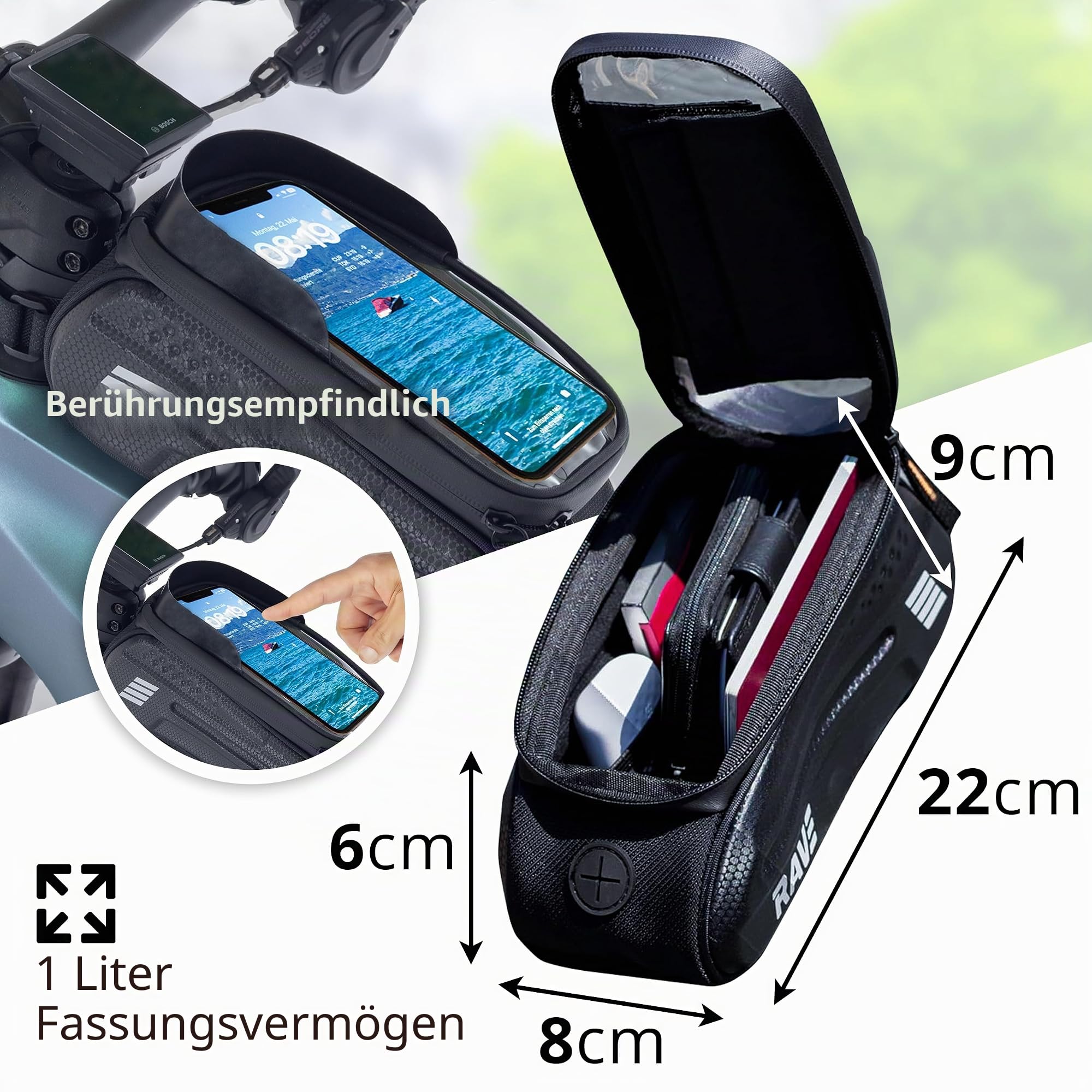 RAVE Oberrohrtasche, Handytasche Topcase, Fahrradtasche, Rahmentasche ca. 1 Liter, Schwarz