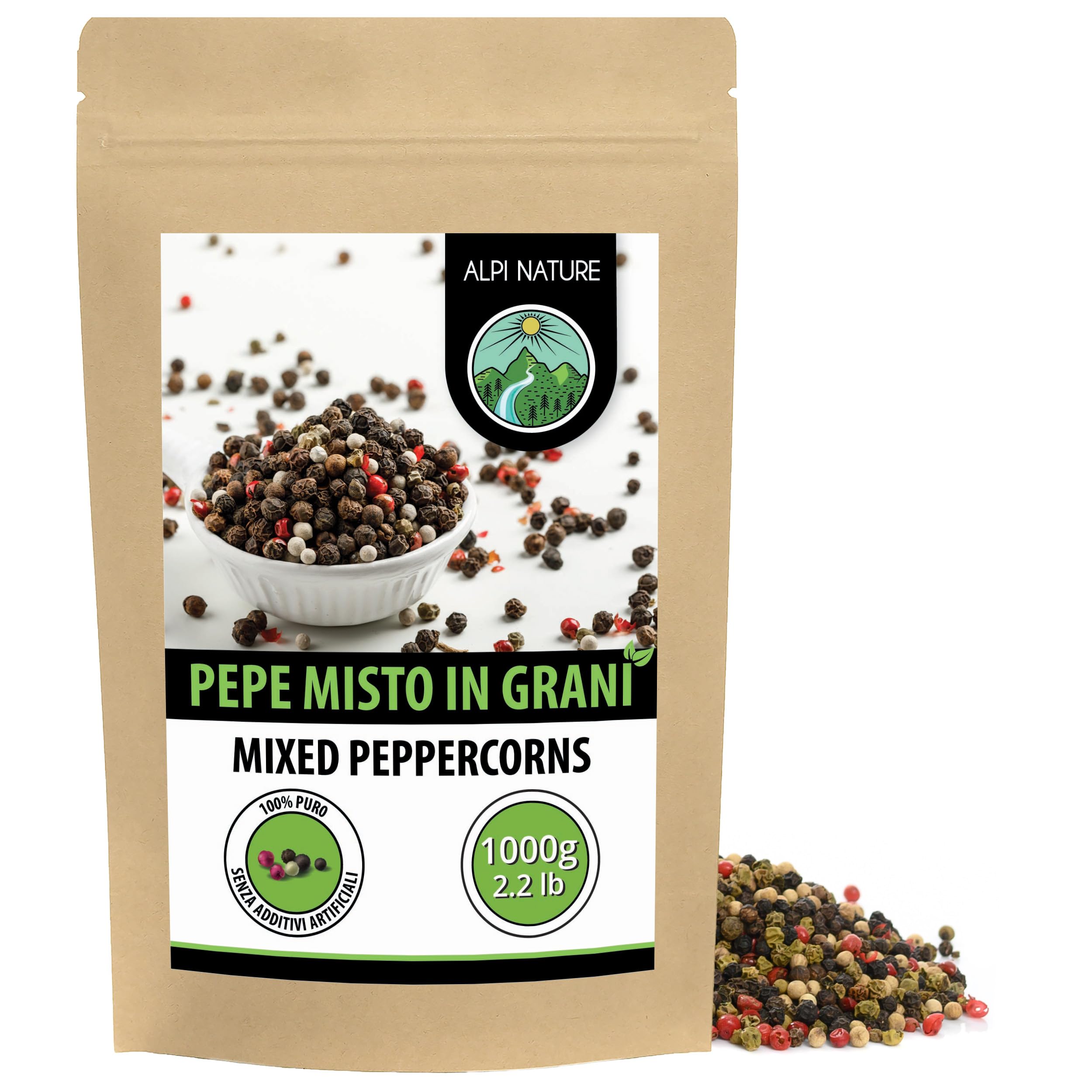 Alpi Nature Pepe Misto 1kg, Grani di Pepe Interi Neri, Bianchi, Rosa e Verdi per Cucina