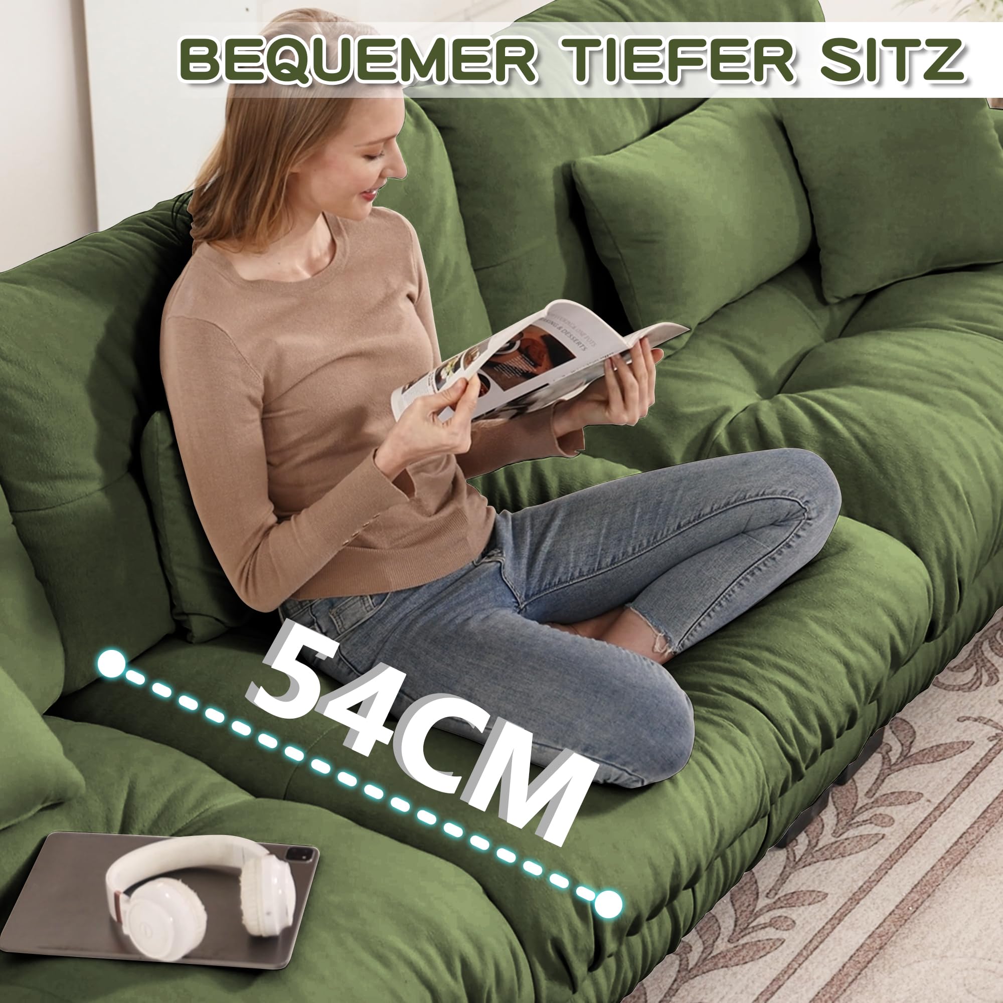 Muskel Modernes Cloud 2-Sitzer Sofa für Wohnzimmer, Loveseat Couch Chenille Doppelsofa mit Lendenkissen und Dekokissen, Massivholzrahmen (Grün, 2-Sitzer)