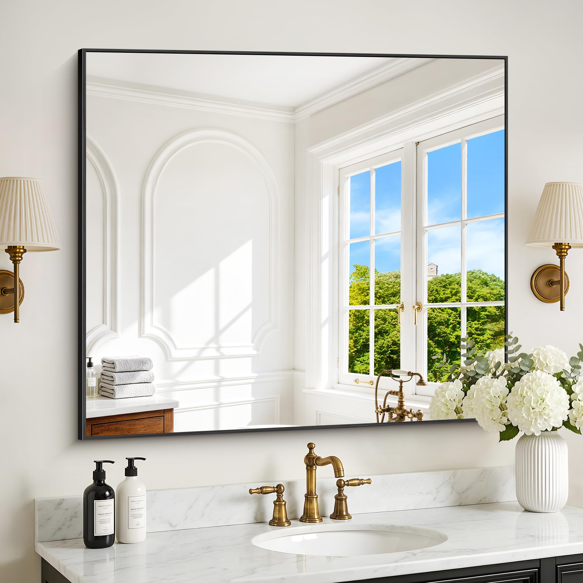 DESBING Black Bathroom Mirror for Wall, 36x40 Inch Rectangle Mirrors with Metal Frame, Modern Vanity Wall Mirror Decor for Entryway Hangs, Bathroom Living Room Horizontal or Vertical