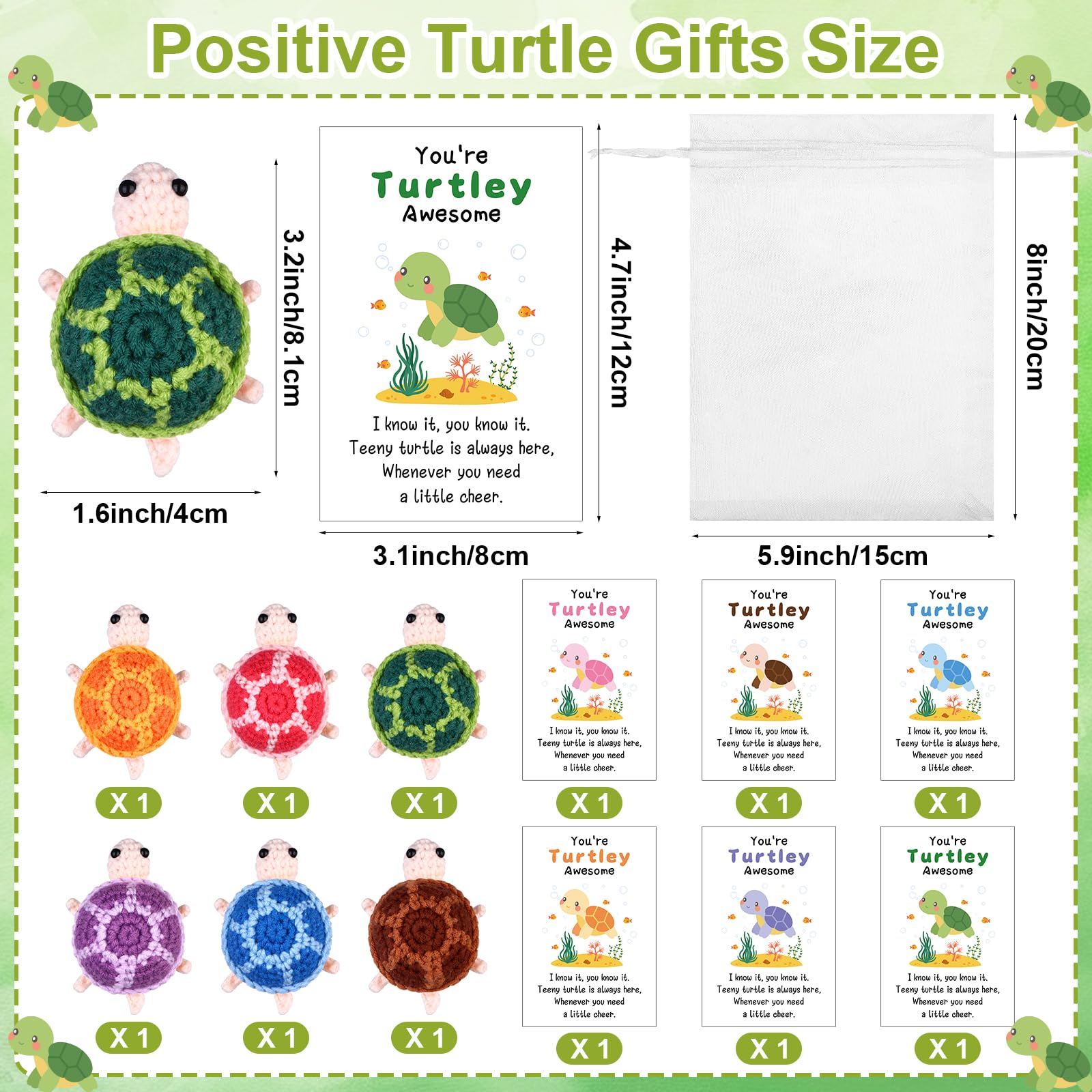 6 Sets You're Turtley Awesome Gifts Funny Crochet Turtle Gift Handmade Crochet Animals with Greeting Cards Bags Employee Appreciation Gifts for Coworker Staff Volunteer Teacher Inspirational - Image 2