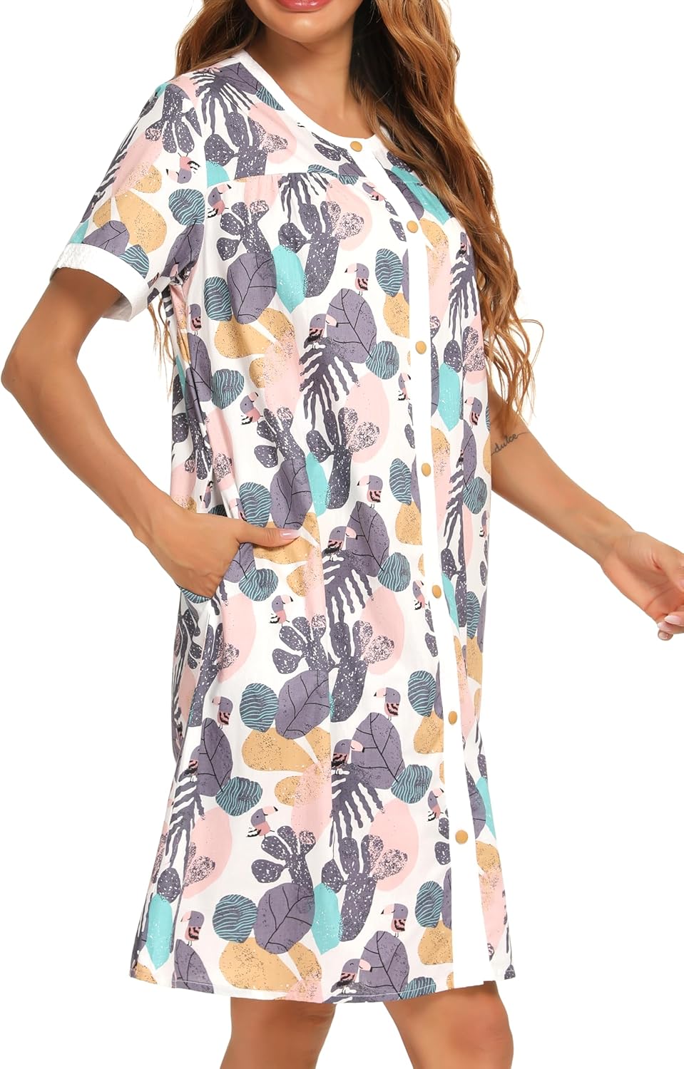 YOZLY House Dress for Women Short Sleeve House Coats Dusters Robe Moomoo nightgowns with Pockets - Image 3