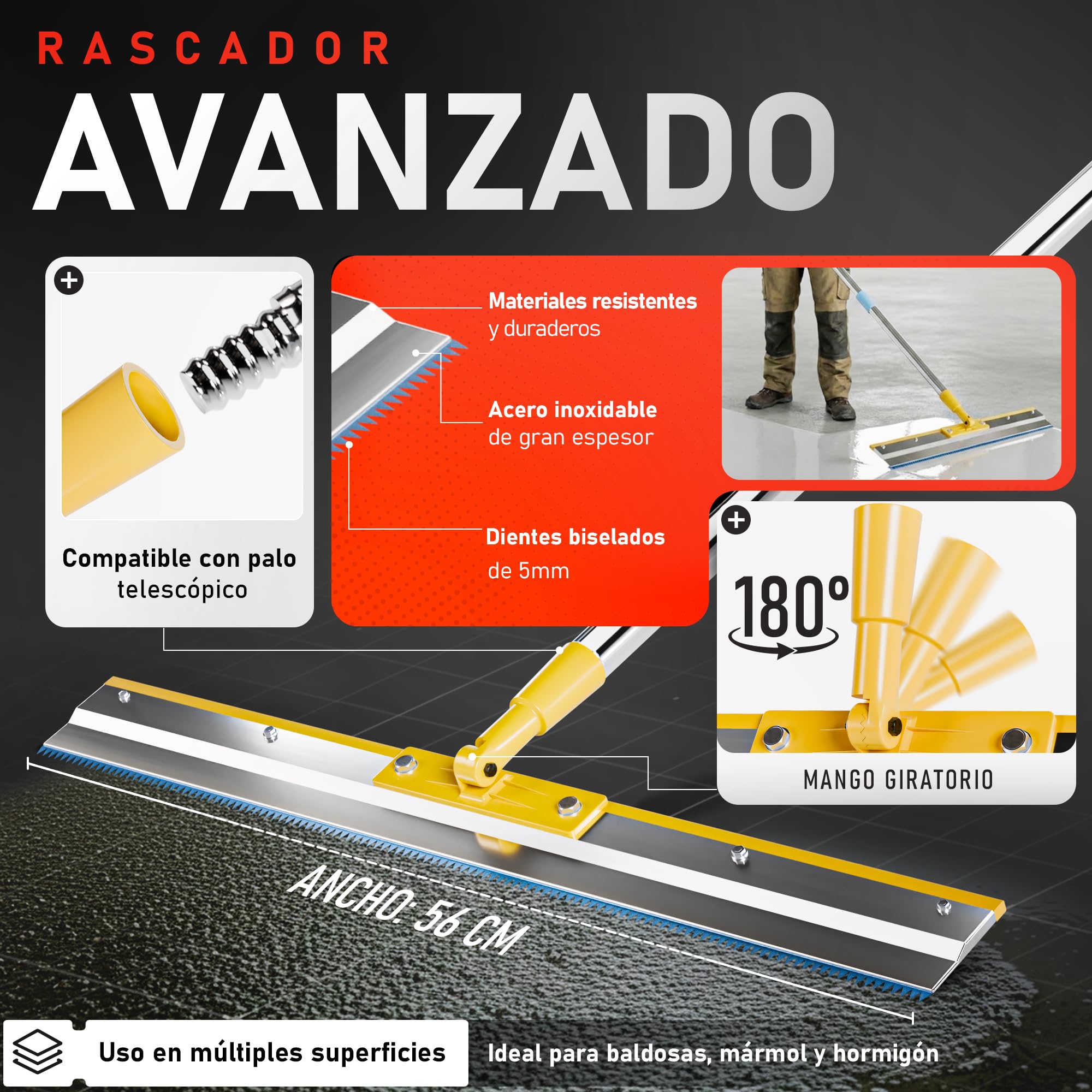 Kit de Autonivelante para Suelo de Cemento | Incluye Rodillo de Púas 11mm, Rascador nivelador de Acero Inox, Suela de Zapatos con Clavos, Palo Telescópico, Rodillos, Espátula y Guantes