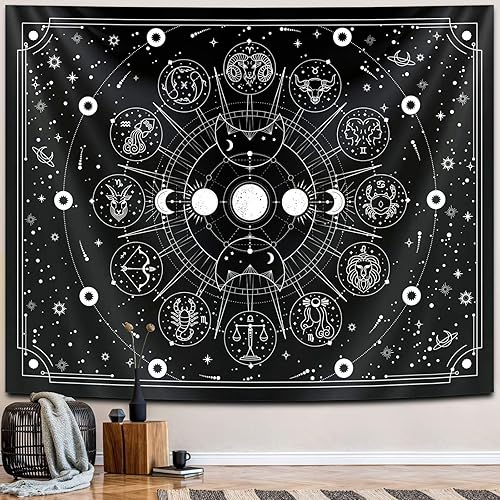 Tapiz de bruja, astrología del zodiaco, tapiz de constelación blanco y negro para decoración de pared, diseño psicodélico de estrellas espaciales,