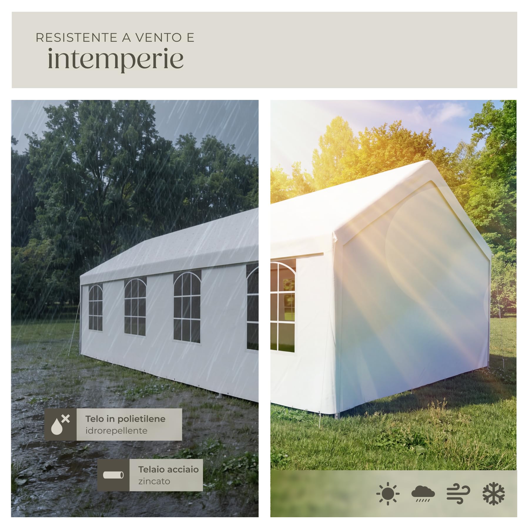 tectake® Tendone per Feste 8 x 4 m, Gazebo Impermeabile, Protezione UV 50+ | 2 Pareti Laterali e 2 Pannelli Frontali Rimovibili, Finestre Ampie, Telone Antistrappo, Telaio Acciaio Verniciato, Bianco