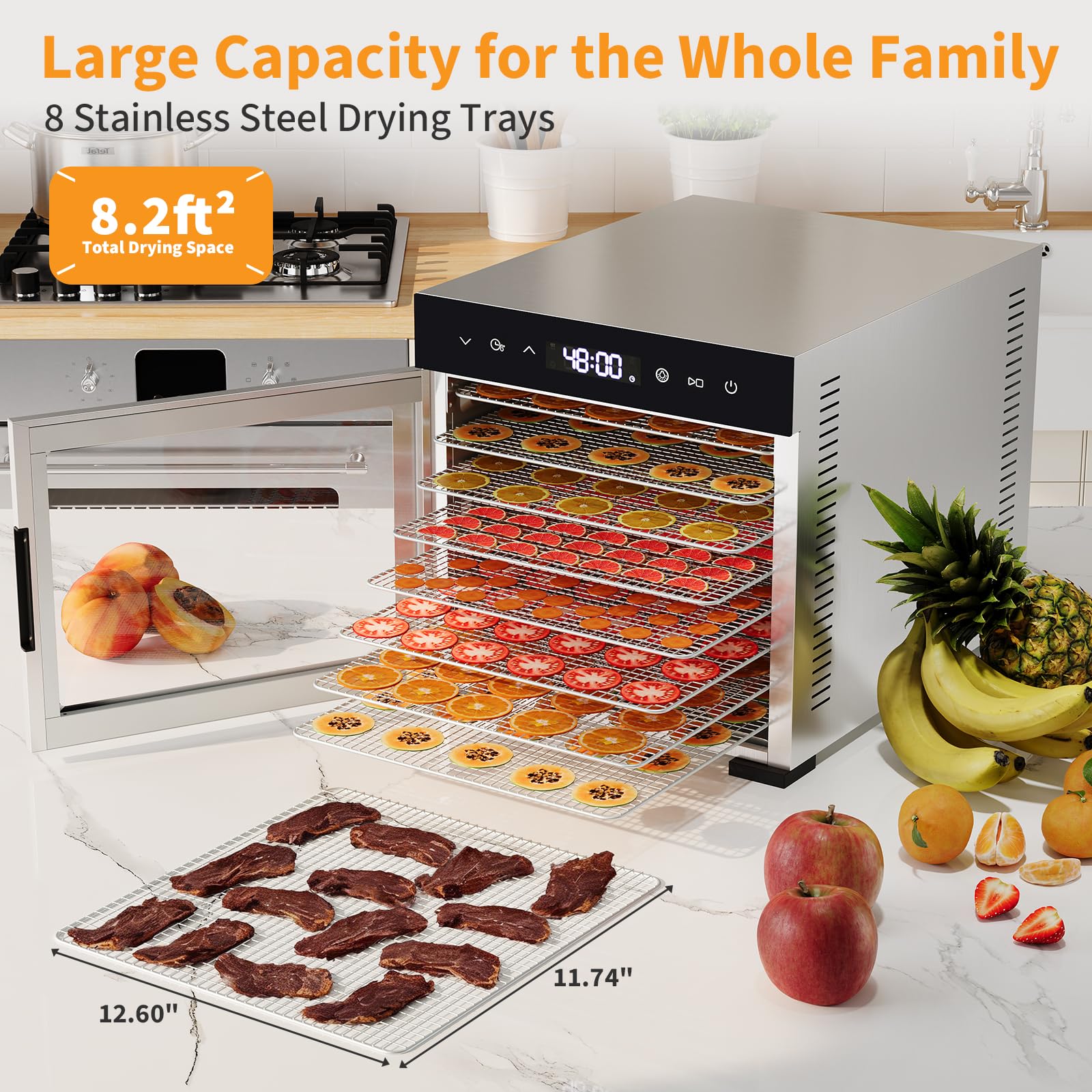 NEWBULIG Essiccatore elettrico per alimenti, 500 W, 24 ore, temperatura regolabile a 500 °C, perfetto per frutta, 8 pezzi