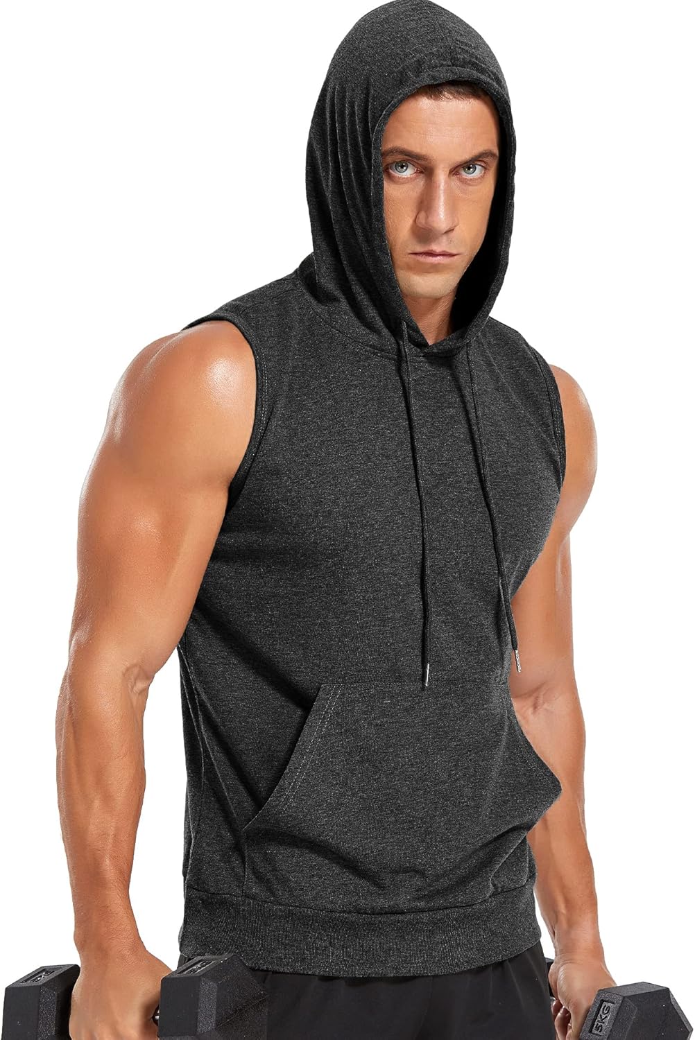 Amussiar Men's Workout Hooded Tank Tops Sleeveless Gym Training Hoodies Bodybuilding Muscle Cut Off T Shirt