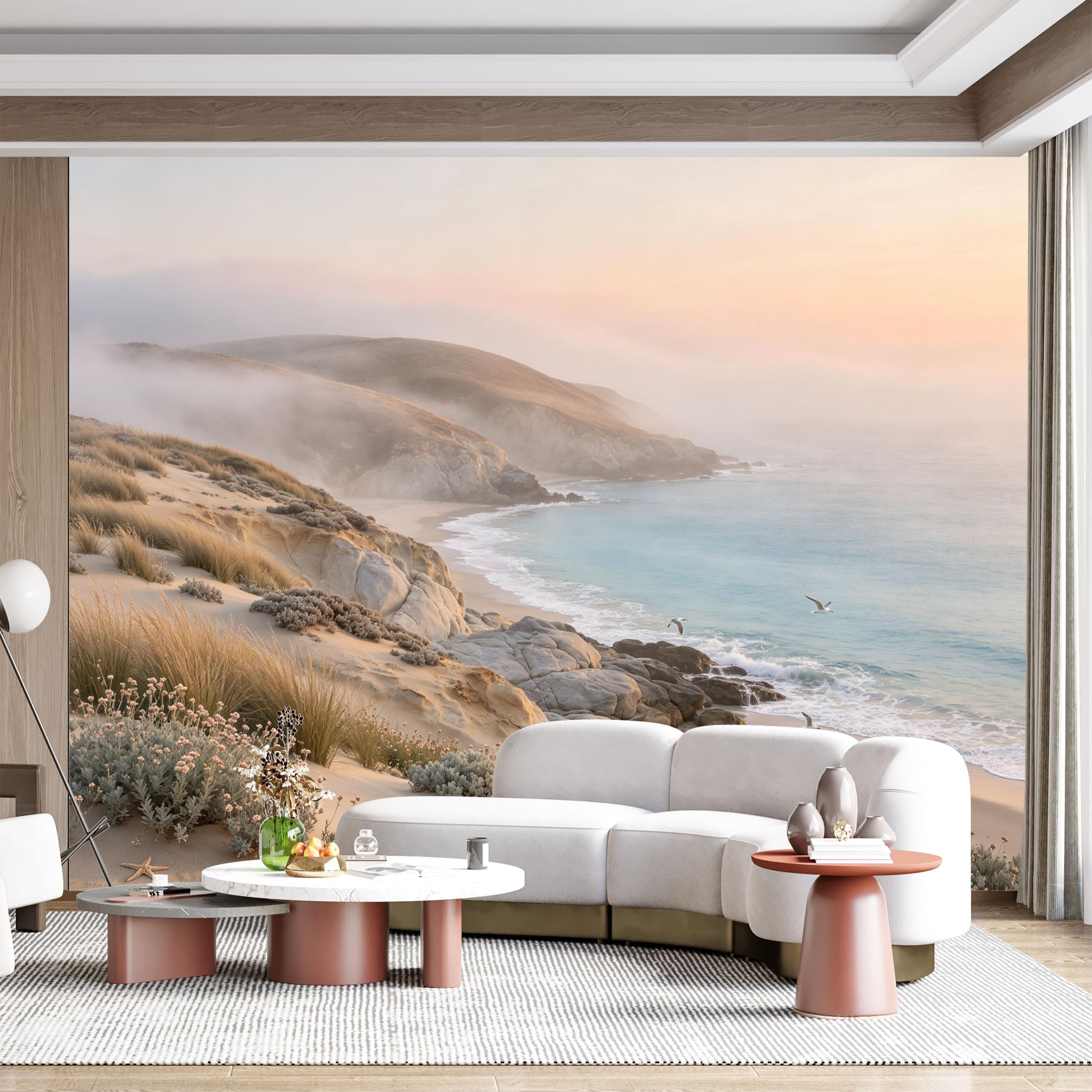 Custom Size Wall Mural Coastal Seascape Ocean Wave Beach Foggy Morning Seagull Landscape SelfAdhesive Wall Fabric Removable for Home Office Decor