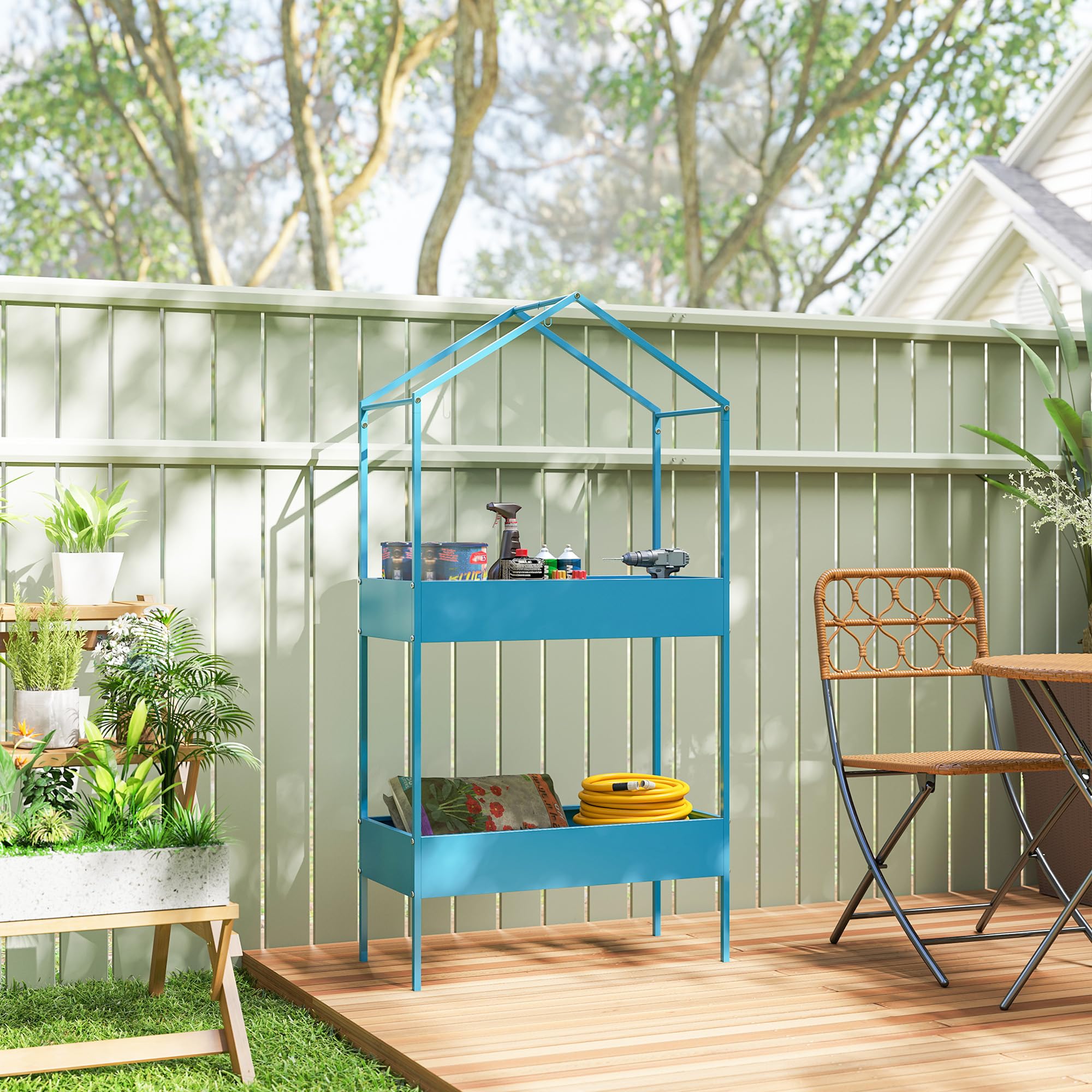 Outsunny Pflanzenregal mit 2 Ebenen, Pflanzenhalter aus Metall mit Haken, Pflanzenhalter in Form eines Hauses für Garten, Terrasse, Balkon, Wohnzimmer, blau-grün
