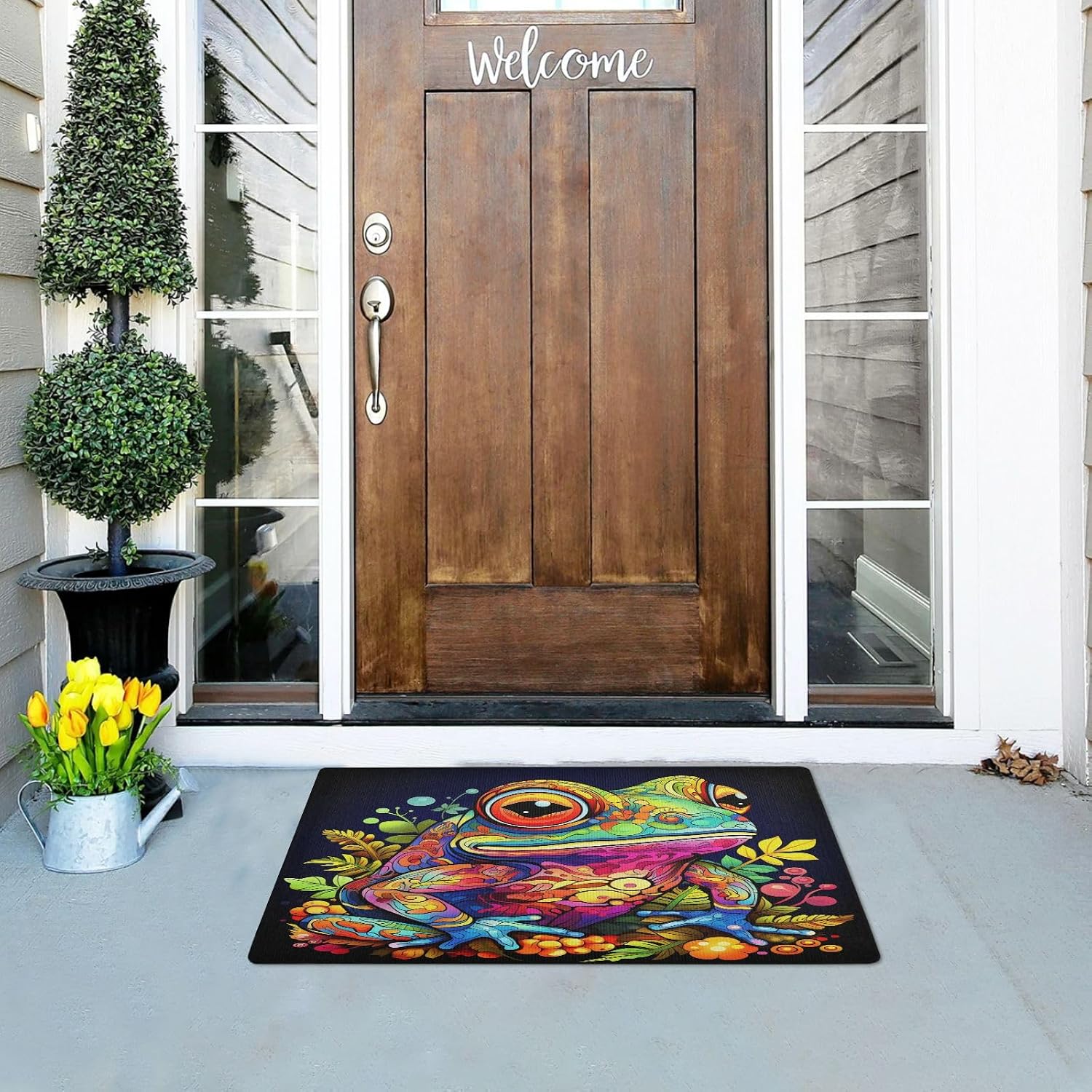 MUKJHOI Funny Welcome Mats, 32"x20" Front Door Mat for Outdoor/Indoor Entrance Cute Frog (2) Entryway Rugs Home Farmhouse Balcony Patio Decor