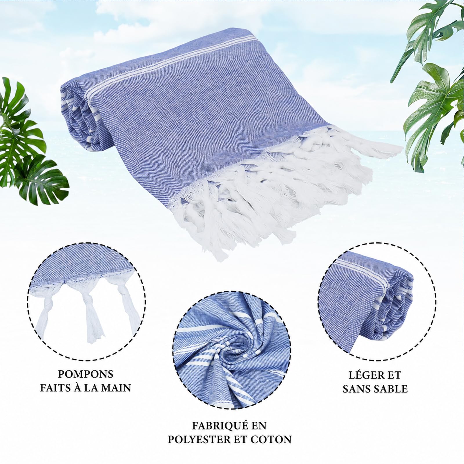 Lot de 6 Serviettes de Plage Fouta en Coton, 90 x 180 cm, avec Franges | Draps de Bain Légers à Séchage Rapide pour Vacances, Piscine, Camping, Spa, Hammam et Salle de Bain