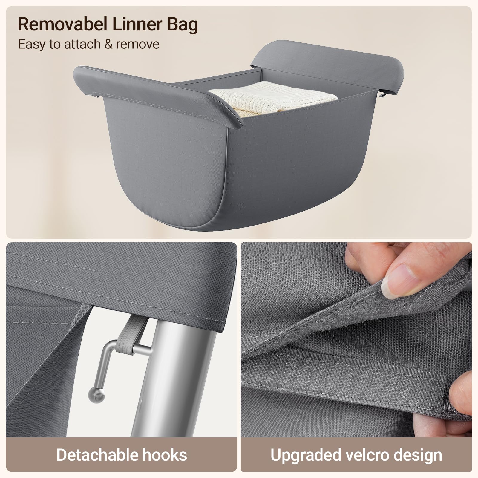 ELYKEN Carrito de lavandería con ruedas, cesta de lavandería fácil de enrollar de 33 pulgadas de alto con bolsa de forro extraíble, cesta de ropa con marco de metal resistente con 4 ruedas y 2 frenos