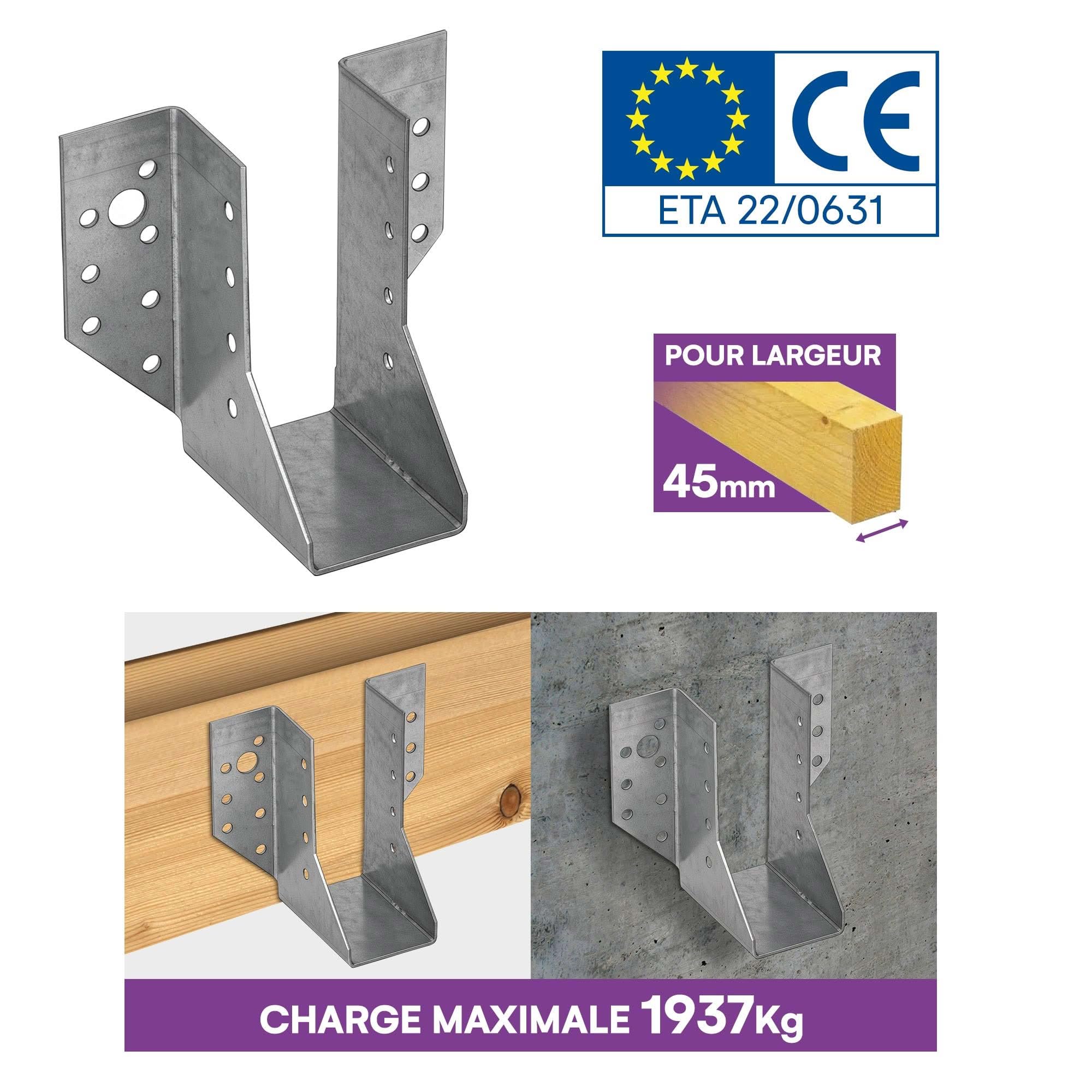 10 sabots de charpente à ailes extérieures - Connecteurs de poutres - Acier galvanisé - Larg 45 x Ht 108 mm - Fabriqué en Europe