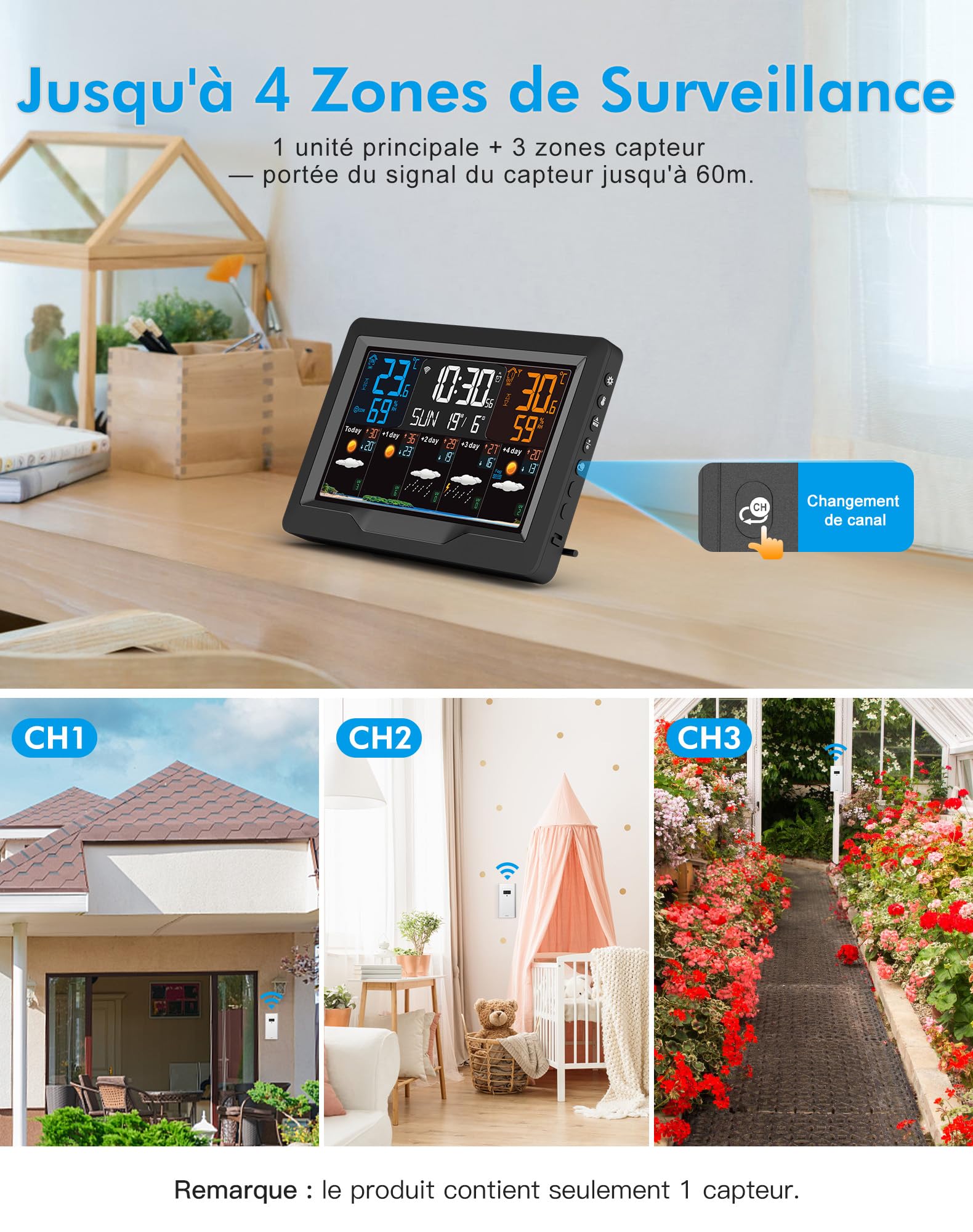 Station Météo Intérieur Extérieur sans Fil Regevo, Station Meteo Connectée WIFI, Thermomètre et Hygromètre avec Capteur, Prévisions Météo 5 Jours, Indice UV, Baromètre, 4 Luminosités Réglables