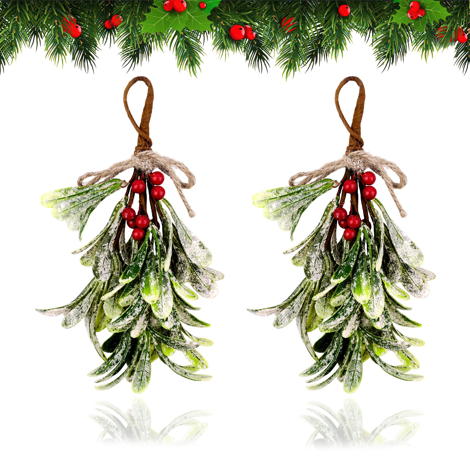 2 Stück Weihnachte Mistelzweig Deko, Mistelzweig Künstlich mit Roten Beeren, Weihnachtsbaum Zubehör Hängedekoration für Tür, Fenster, Baum (23 cm)