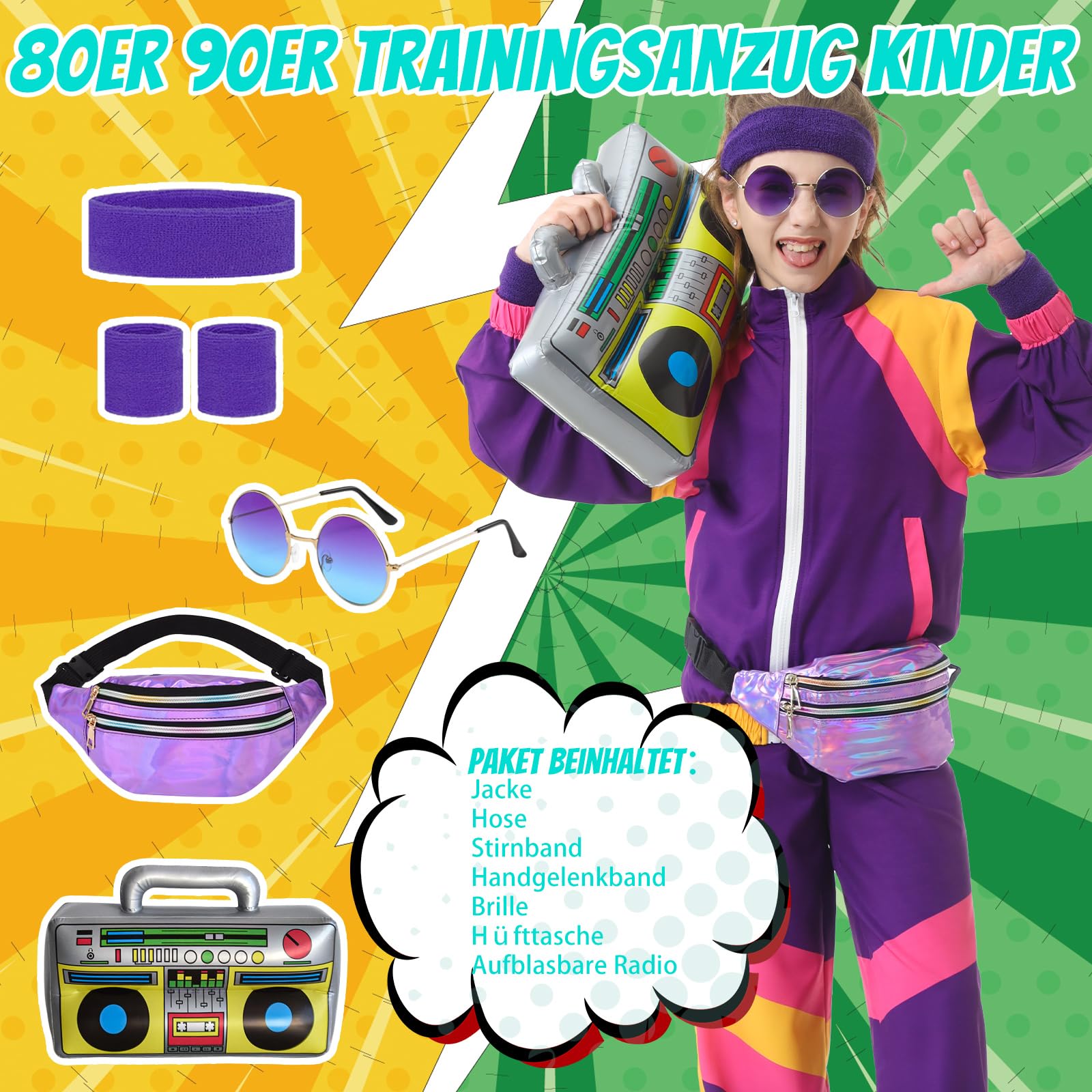 Hislovy 80s Tracksuit for Kids 90s Outfits Boys Girls 6PCS Hip Hop Dance Costume, Colorblock Jacket for Retro Theme Party (Purple, 130) - Image 3