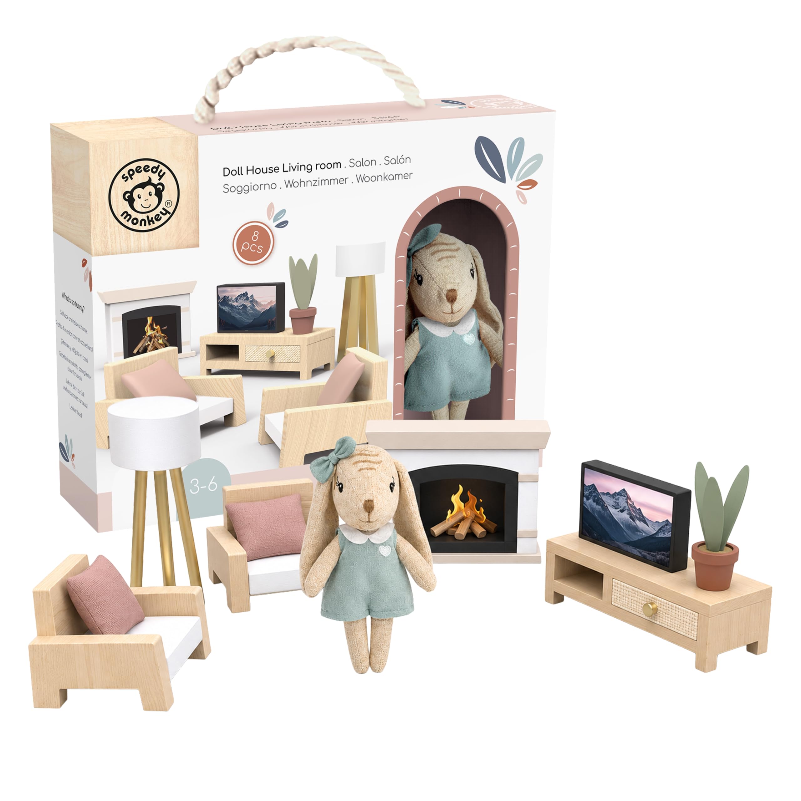 Speedy Monkey Cozy Dollhouse Living Room Playset with Bunny – Miniature FSC Wooden Furniture Sofa, TV – Pretend Play Fully Furnished Farmhouse Accessories for Kid, Toddler, Girl – Doll House Decor Toy
