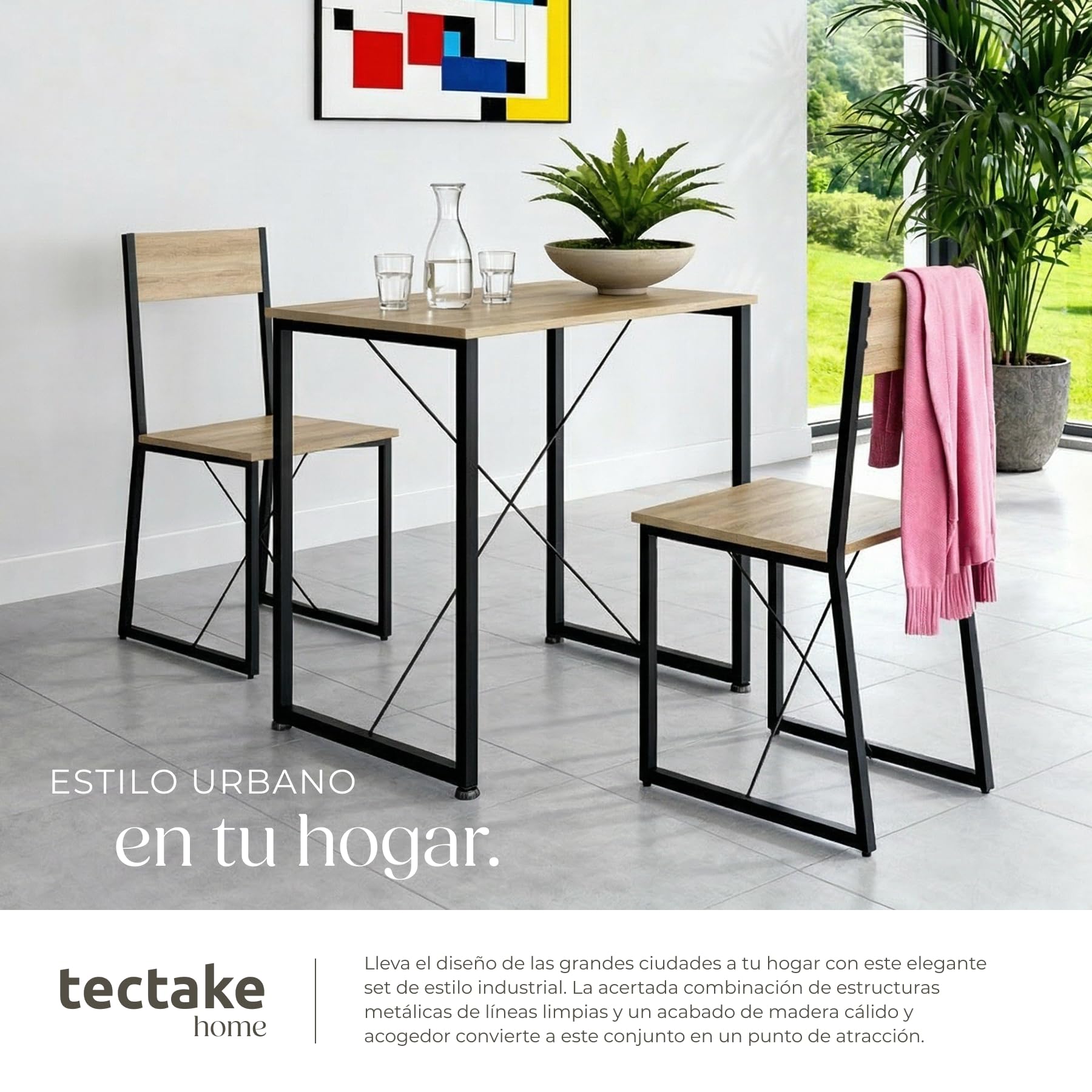 tectake Conjunto de Comedor, Juego de Dos sillas y Mesa para el salón, Conjunto de Asientos para la Cocina, Set de Muebles de Interior (Madera Industrial Clara)