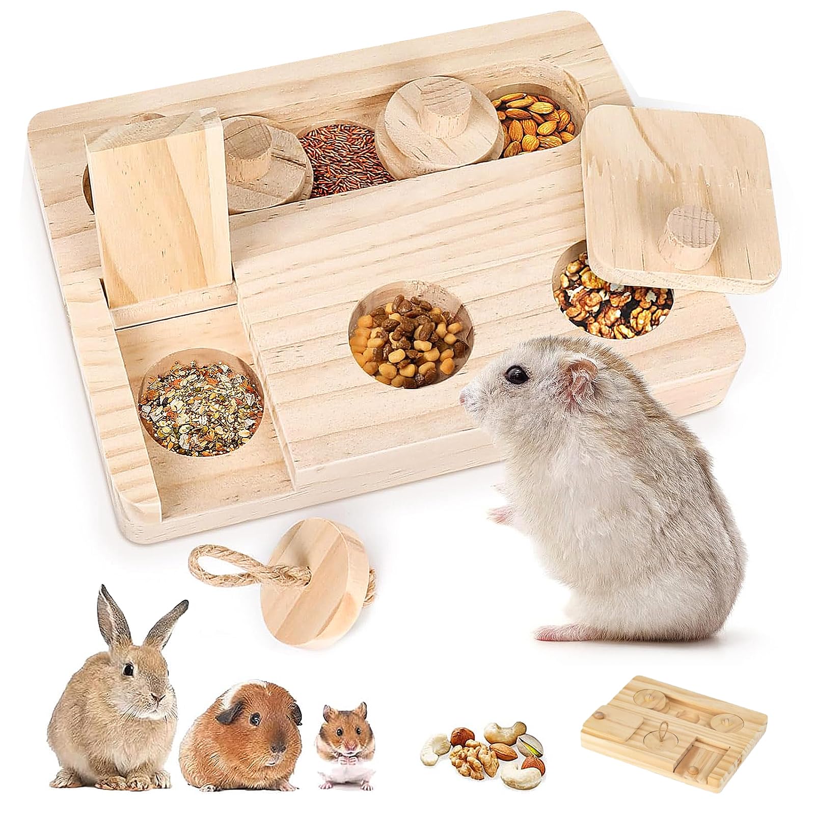 Bogoro Wooden Hamster Toy, Guinea Pig Foraging Toy, 6 in 1 Wooden Toy for Foraging, Hamster Accessory Set, Hamster Wooden Toy, for Rabbits, Hamsters, Chinchillas