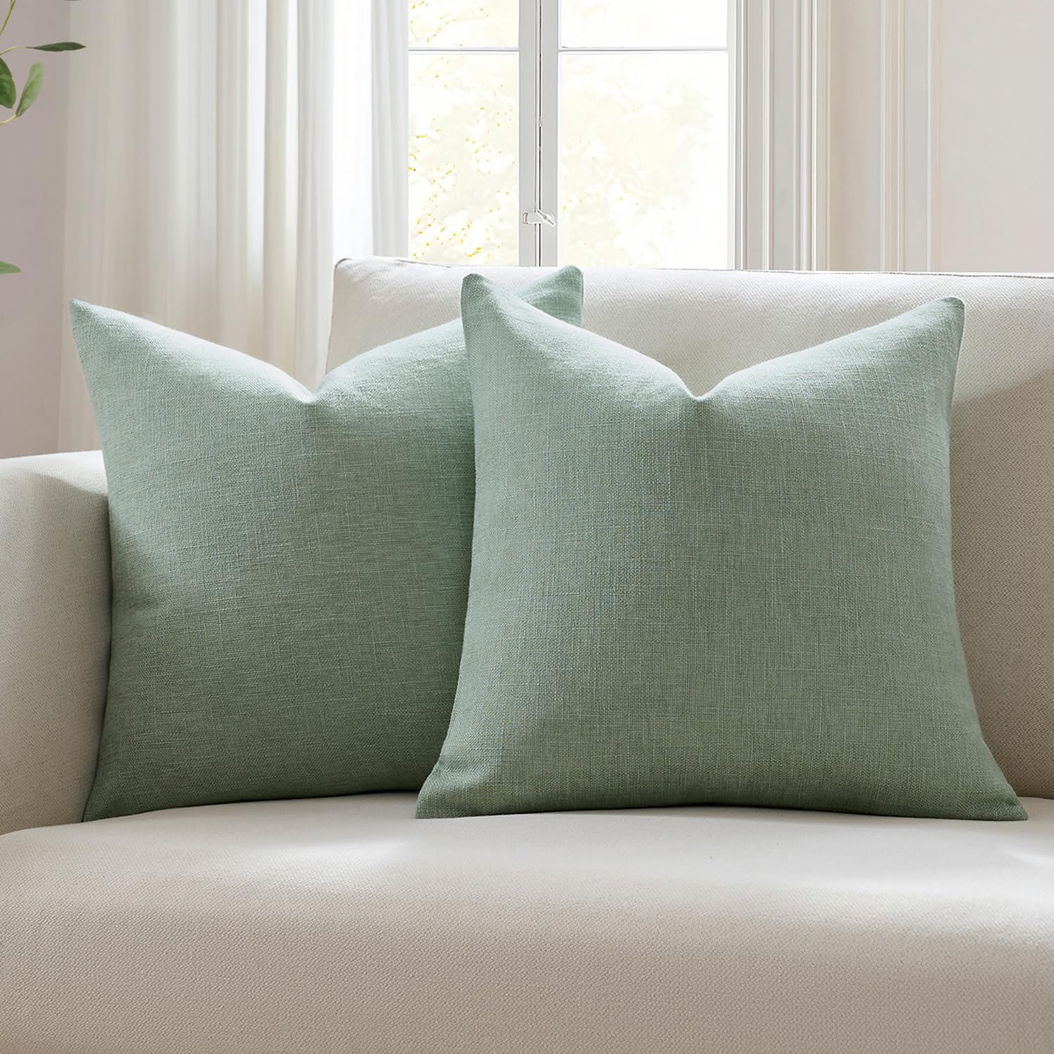 Meekio Set of 2 Sage Green Throw Pillow Covers 16x16, Modern Farmhouse Linen Blend Decorative Pillow Covers for Couch Sofa Bed, Neutral Home Decor