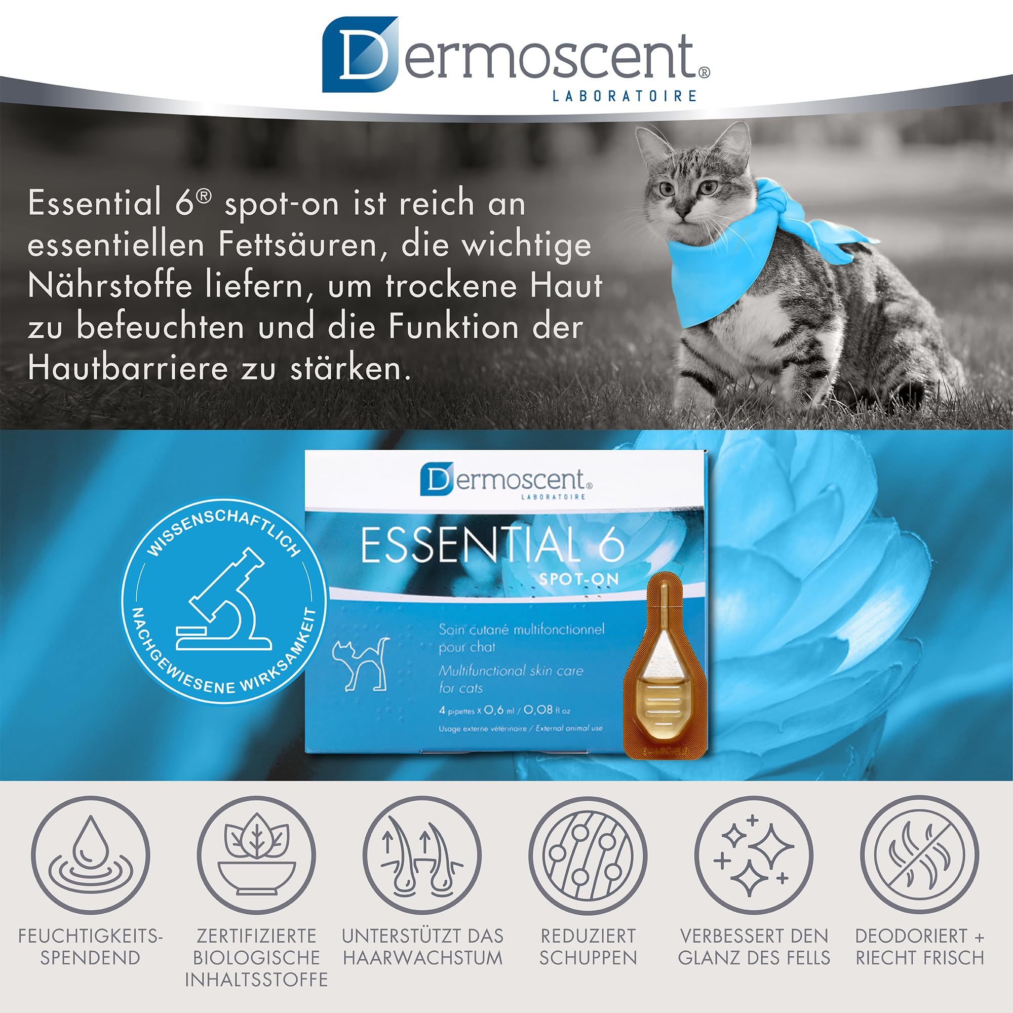 Essential 6 Spot-On | Innovatives Hautpflegeprodukt für Katzen | Hält die Haut feucht, das Fell glänzend, kontrolliert den Haarausfall, reduziert Gerüche und schützt mit natürlichen Inhaltsstoffen