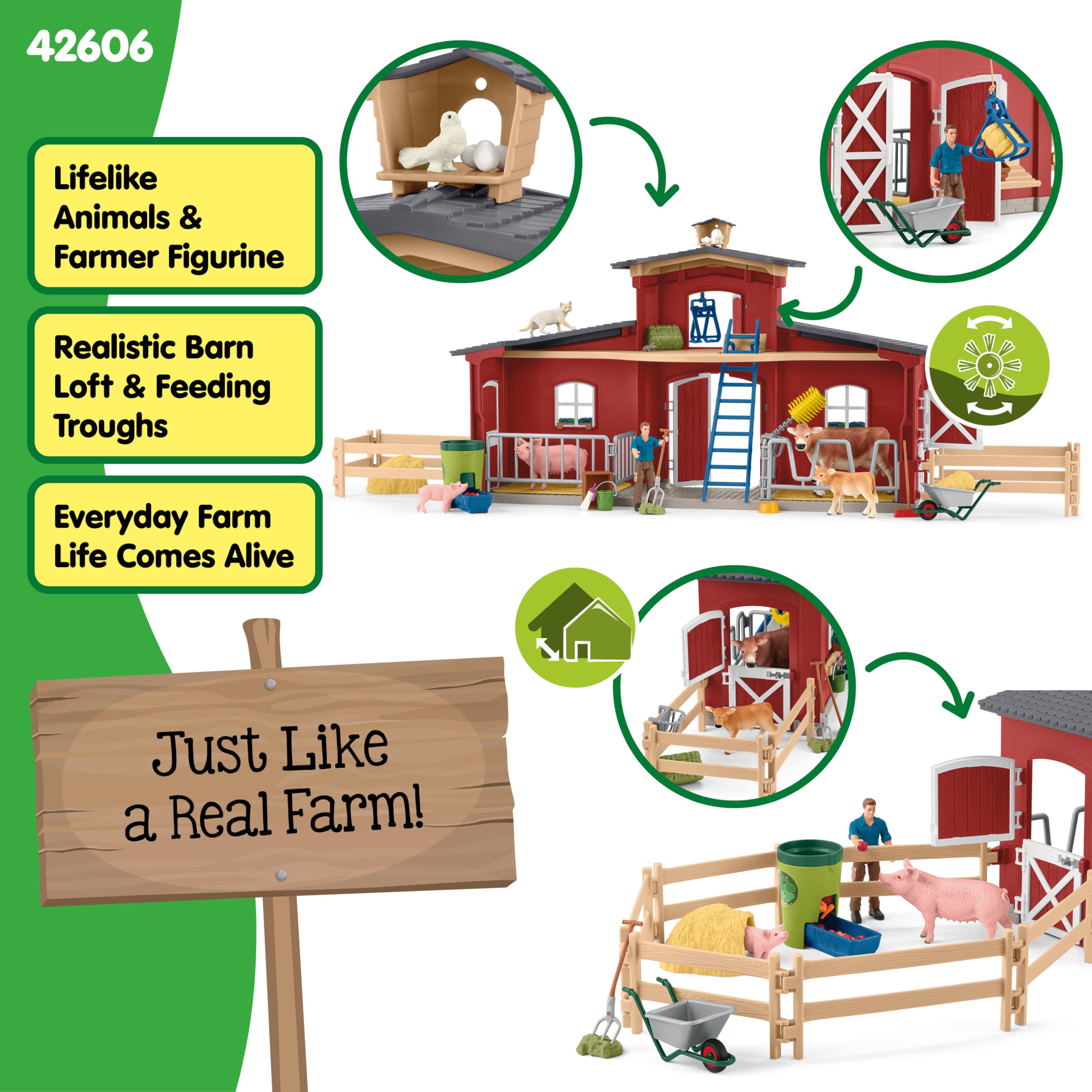schleich FARM WORLD | Duża czerwona farma z domem wiejskim 42606 | Zestaw z domem, rolnikiem, krową, świnią, kotem, myszą i akcesoriami | realistyczna zabawka farma dla dzieci od 3 lat | 92 elementy