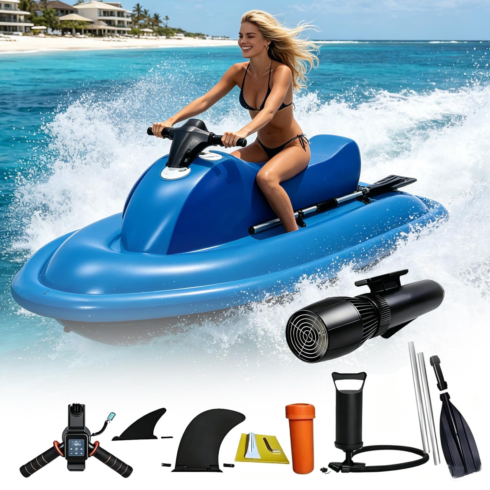 Osnzyc Upgraded 2-Person Inflatable Jet Boat,330lb Capacity Blue Motorboat with Optional Scooter | Dual-Fin Safety Design | 10-Speed Control & 130Min Runtime | Pool Lake Ocean Use 500W10A