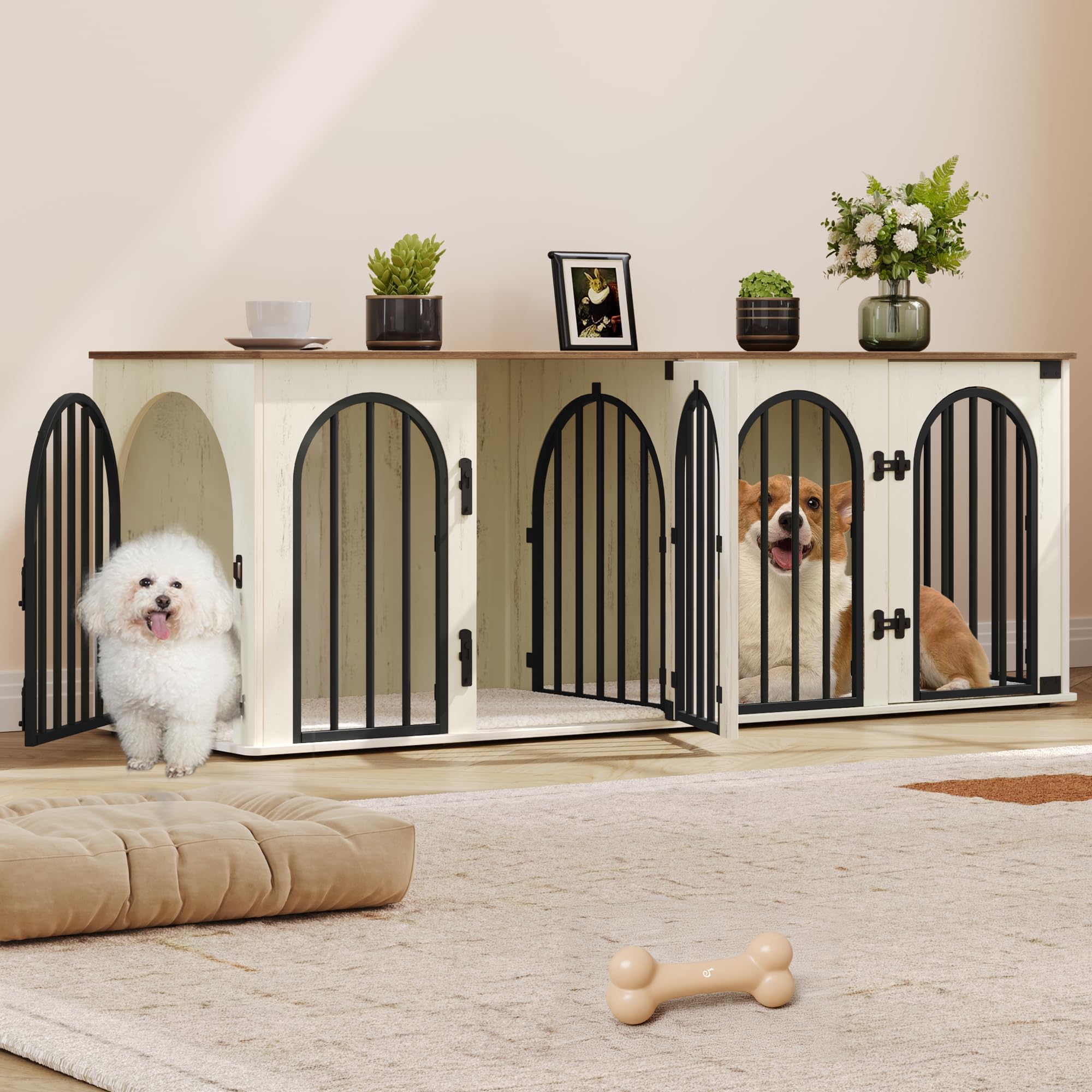 Hzuaneri 63" Dog Crate Furniture for 2 Dogs, Heavy Duty Indoor Dog Kennel TV Stand, L Wooden Dog Cage with Divider for Medium Large Dogs, End Table Dog Crate with Cushion, White Brown DFC80914BV1