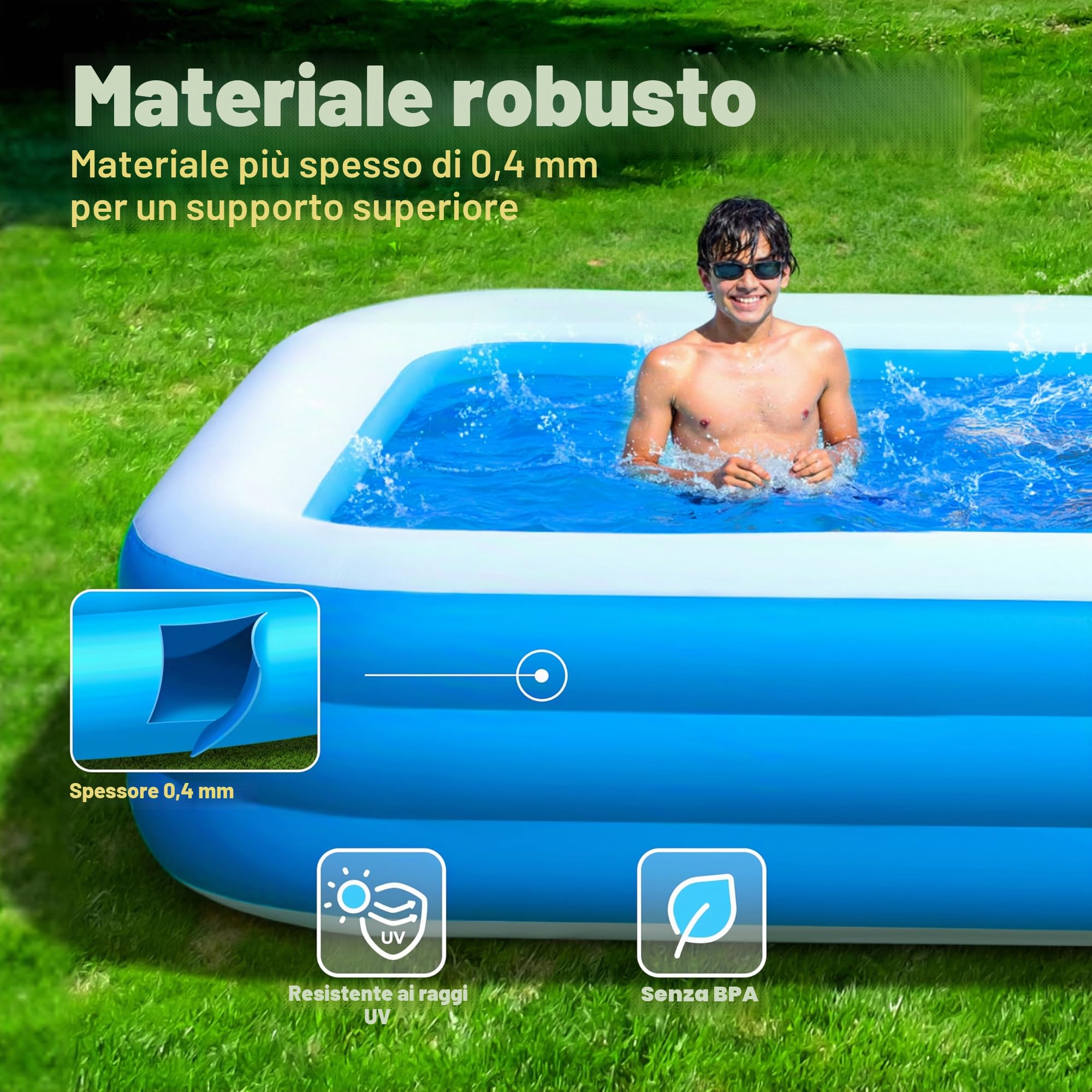 Sloosh Piscina Gonfiabile con Sedili, 304,8 x 182,8 x 55,8 cm, Piscina Fuori Terra di Grandi Dimensioni, Spessa e Resistente, Perfetta per Feste Estive in Giardino, Cortile o Prato, Blu