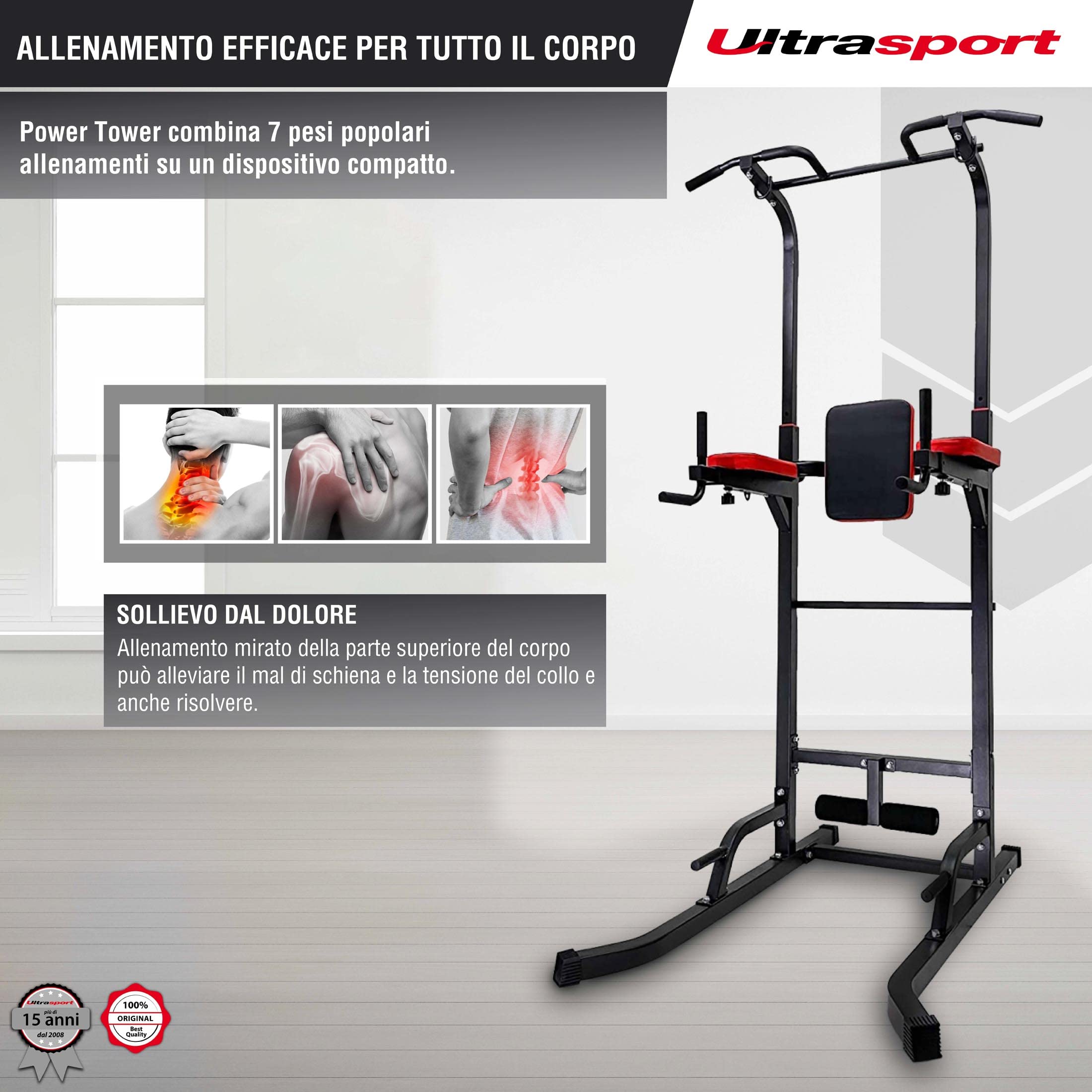 Ultrasport Power Tower, stazione per pull-up e dip, torre fitness, regolabile in altezza, home gym, torre di forza, regolabile fino a 150 kg di peso dell'utente