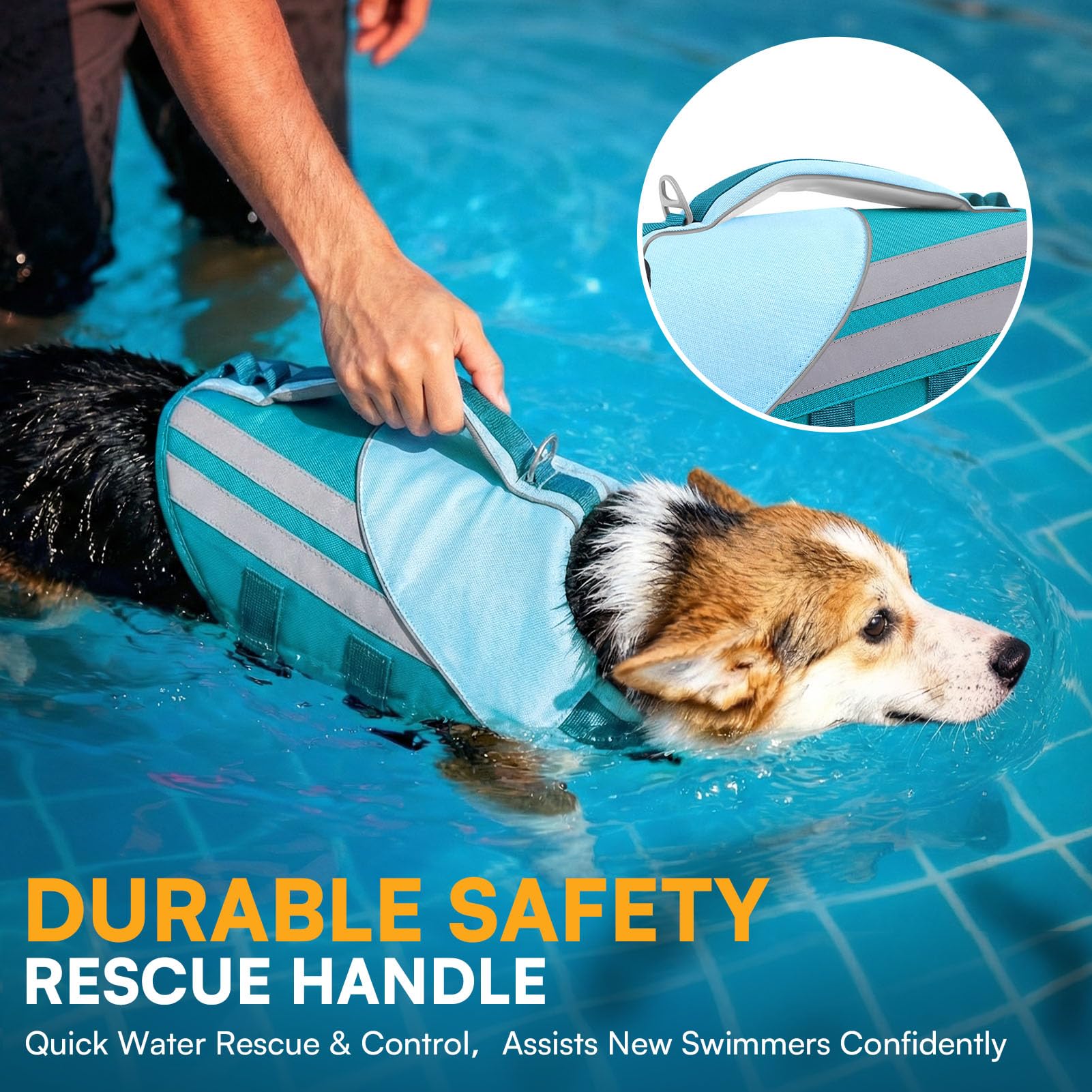 Queenmore Chaleco Salvavidas Perro Pequeño Ajustable & Reflectante Flotador Perro con Asa De Rescate Chaleco Perros Agua para Dachshund (Teckel), Cockapoo, Caniche Toy, Cachorros, Teal, S