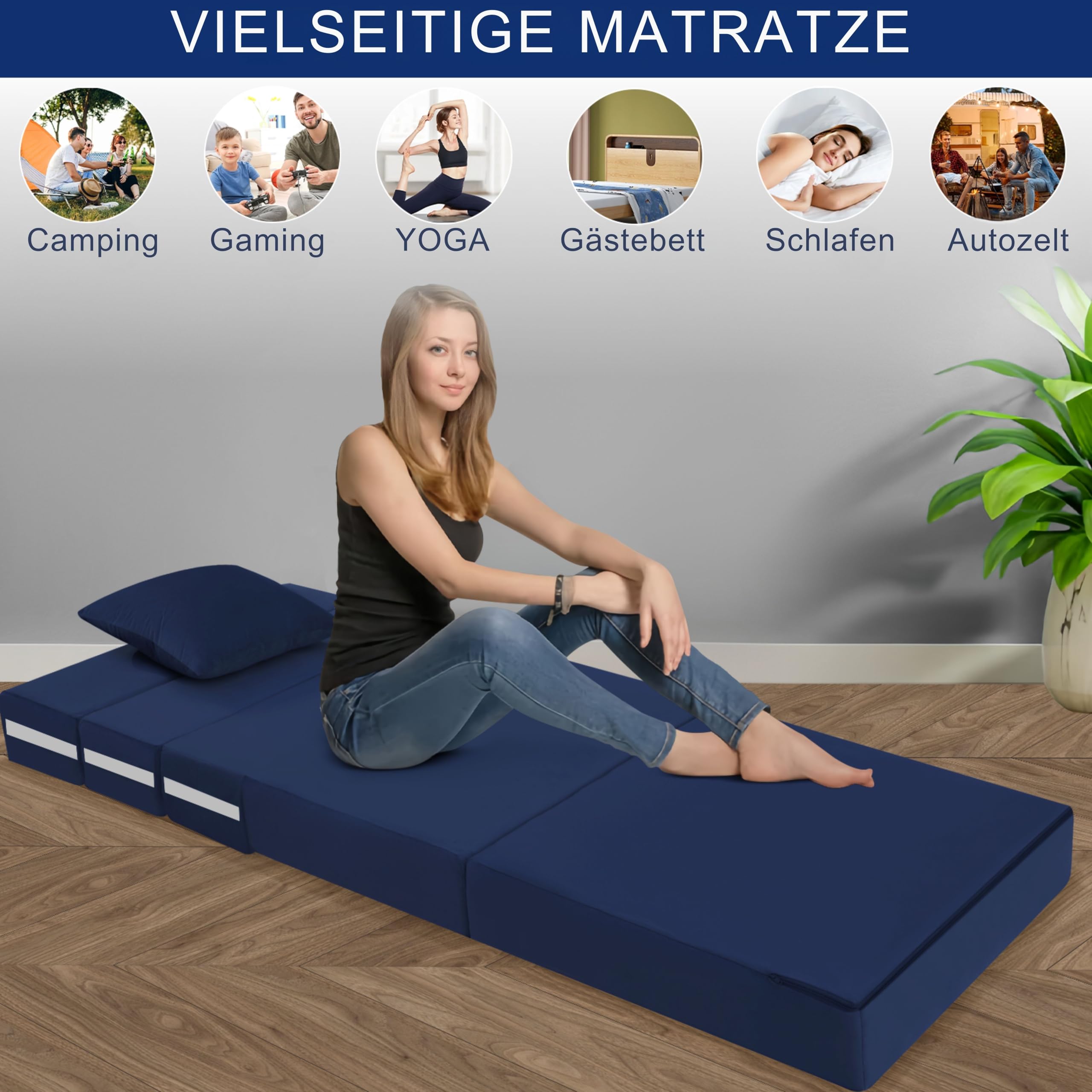MeMoreCool Faltbare Klappmatratze, Hochdichter Schaumstoff Schlafsofa, Boden-Futon-Matratze, 4-teilige Gästematratze Gästebett Klappbar, Klappmatratze Sessel, Faltmatratze 75x195cm, Blau
