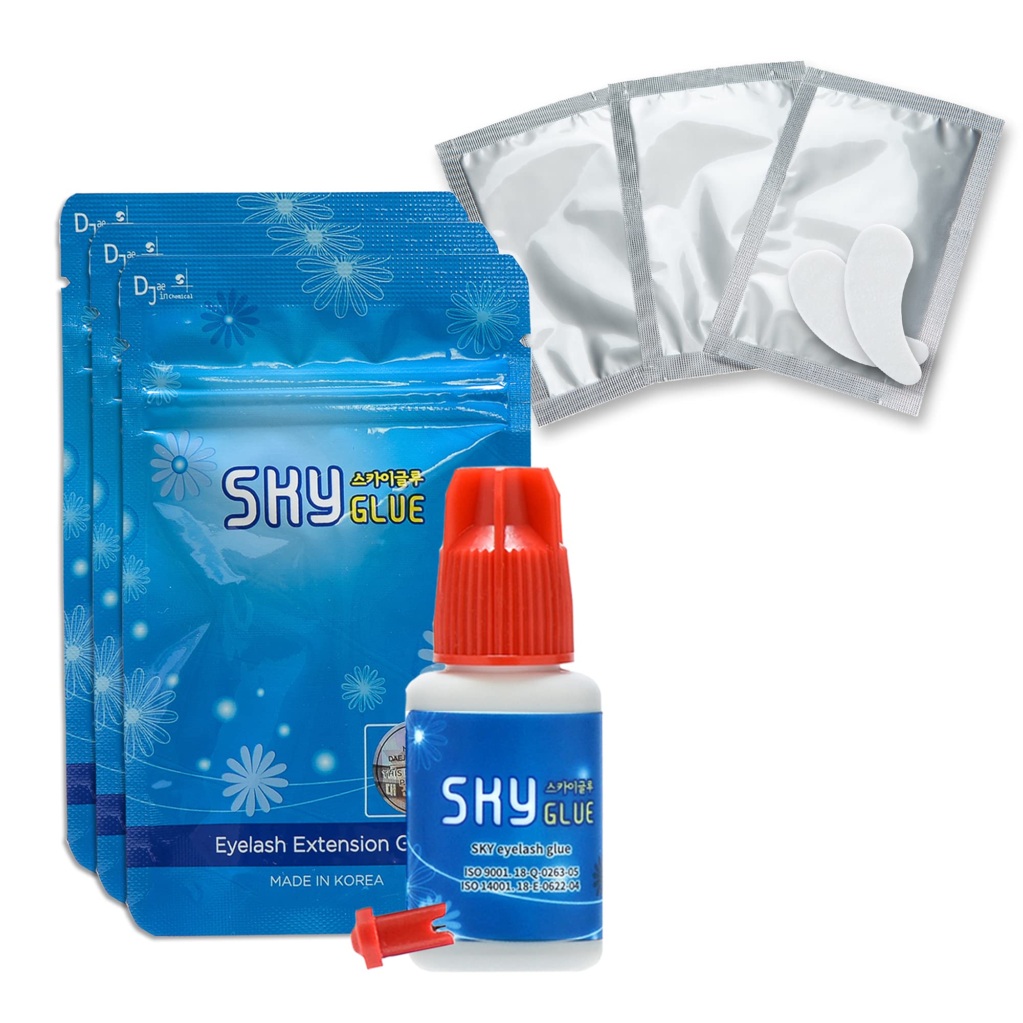 Sky Glue 3 Bottles Long Retention Eyelash Extensions Glue Sky S+ 5ml Professional Black Eyelash Extension Adhesive 1-2s Fast Drying 6-8 Weeks Lasting time by KBS with 3 Eyepatches (ThreeThree Pack)