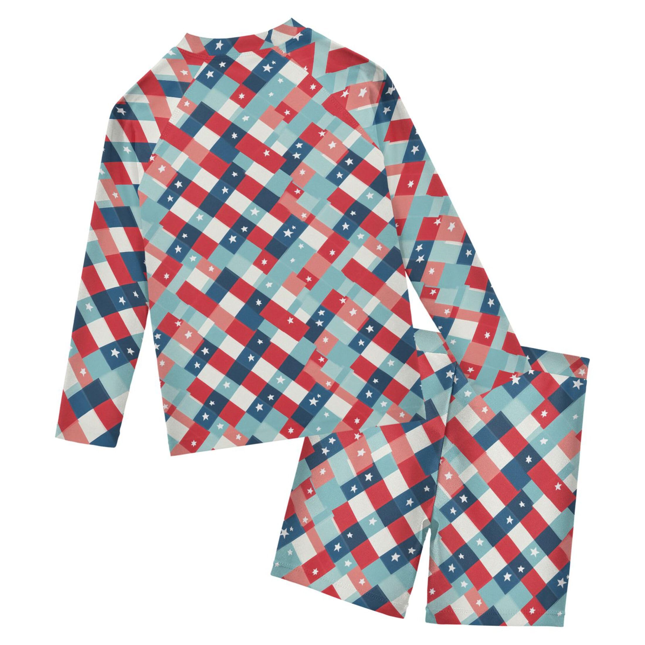 Red and Bule Buffalo Check Plaid Toddlers and Baby Boys' Swimsuit Trunk and Rashguard Set B0404338