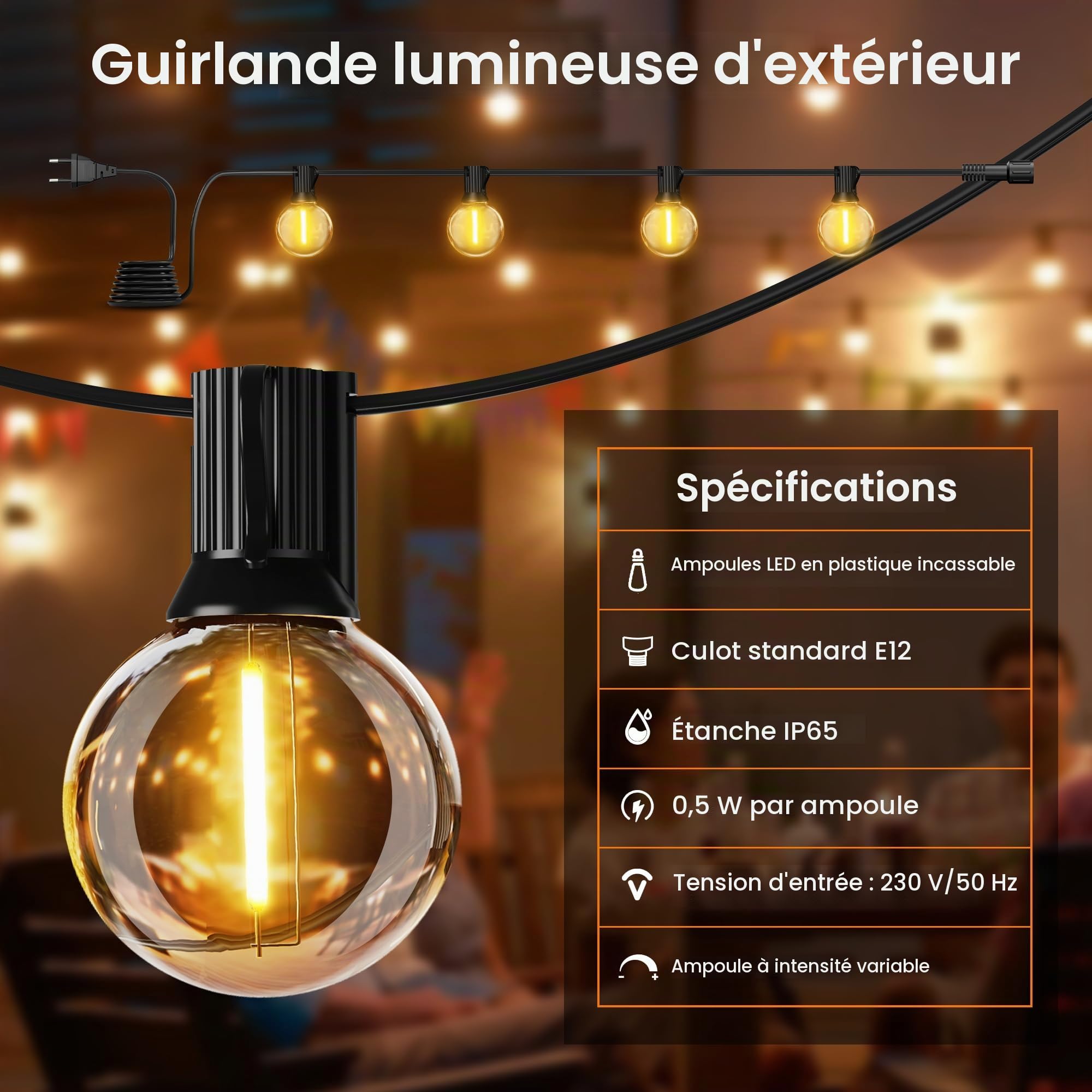 OHLUX Guirlande LED Extérieure 33m/110FT, 52 Ampoules G40 (2 de Rechange) 2200K Blanc Chaud, IP65 Etanche Extensible, Classe Énergétique F, UKCA/CE, pour Terrasse Jardin Fêtes Mariages