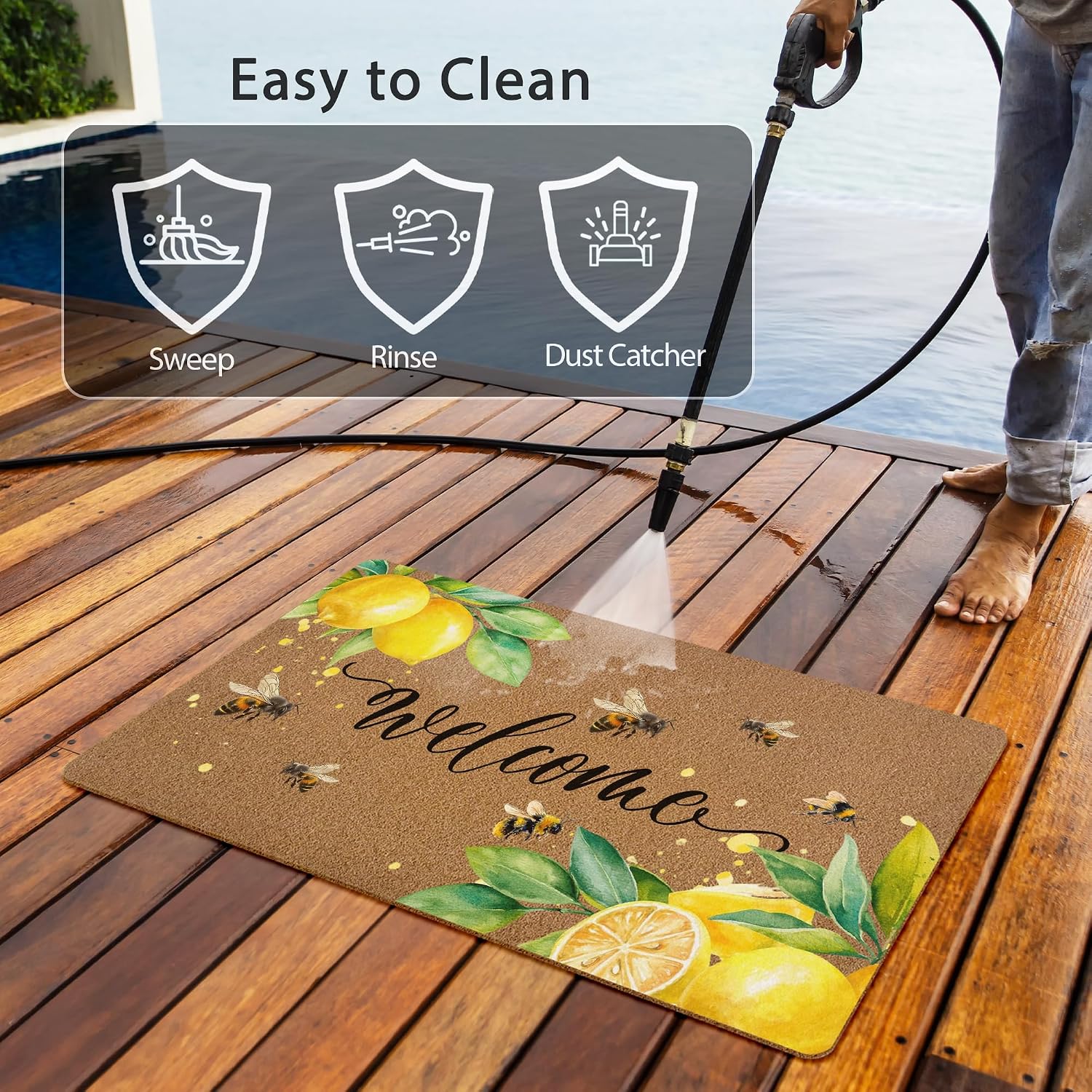 Lemon Welcome Door Mat, Cute Bee Lemon Artificial Coir Front Door Mat Indoor Outdoor Entrance, Spring Summer Farmhouse Doormat Rug for Porch Entryway Patio Decor,17X30 Inch